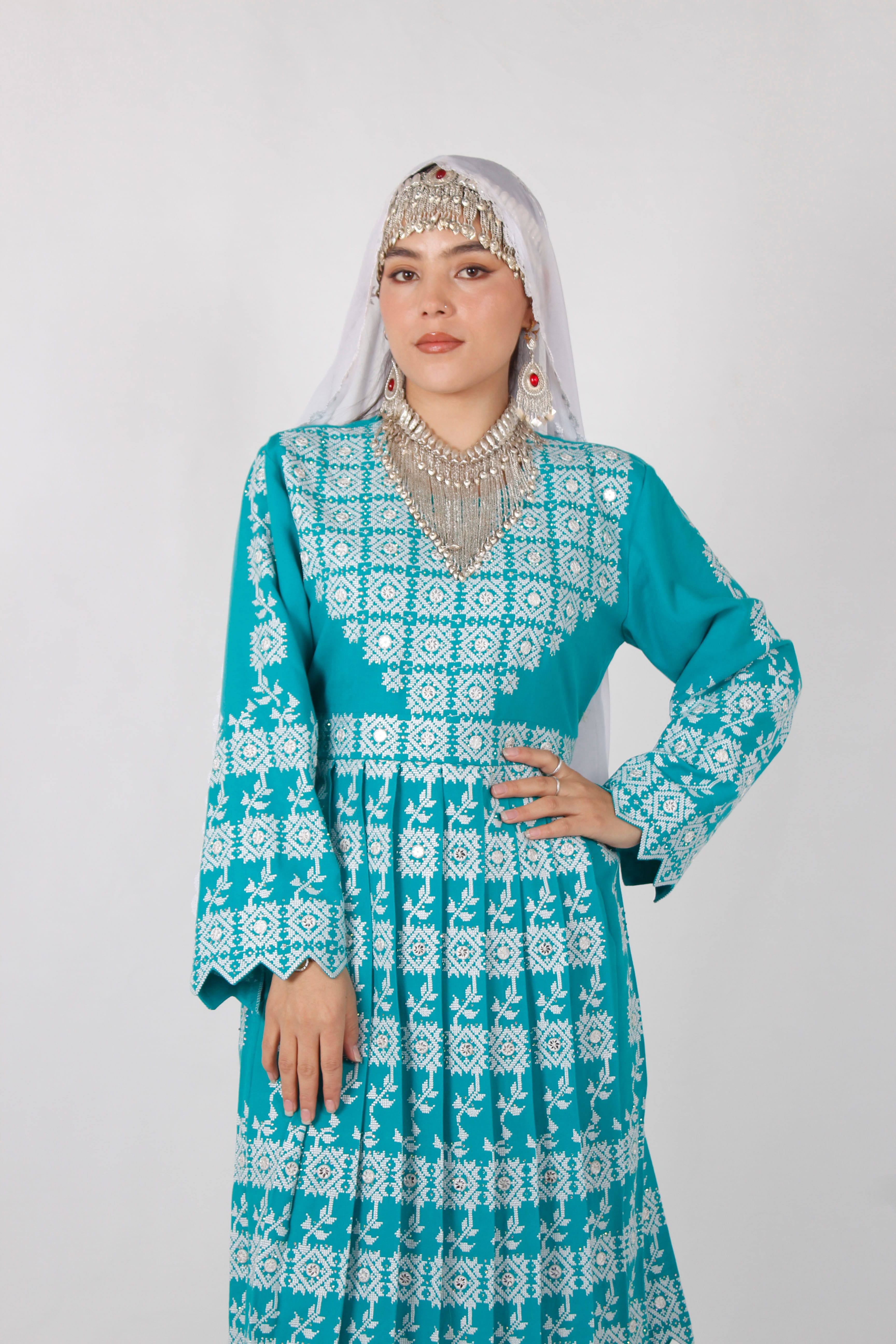 Hazaragi Cotton Embroidered Outfit Set with Mirror Work & Handmade Shawl