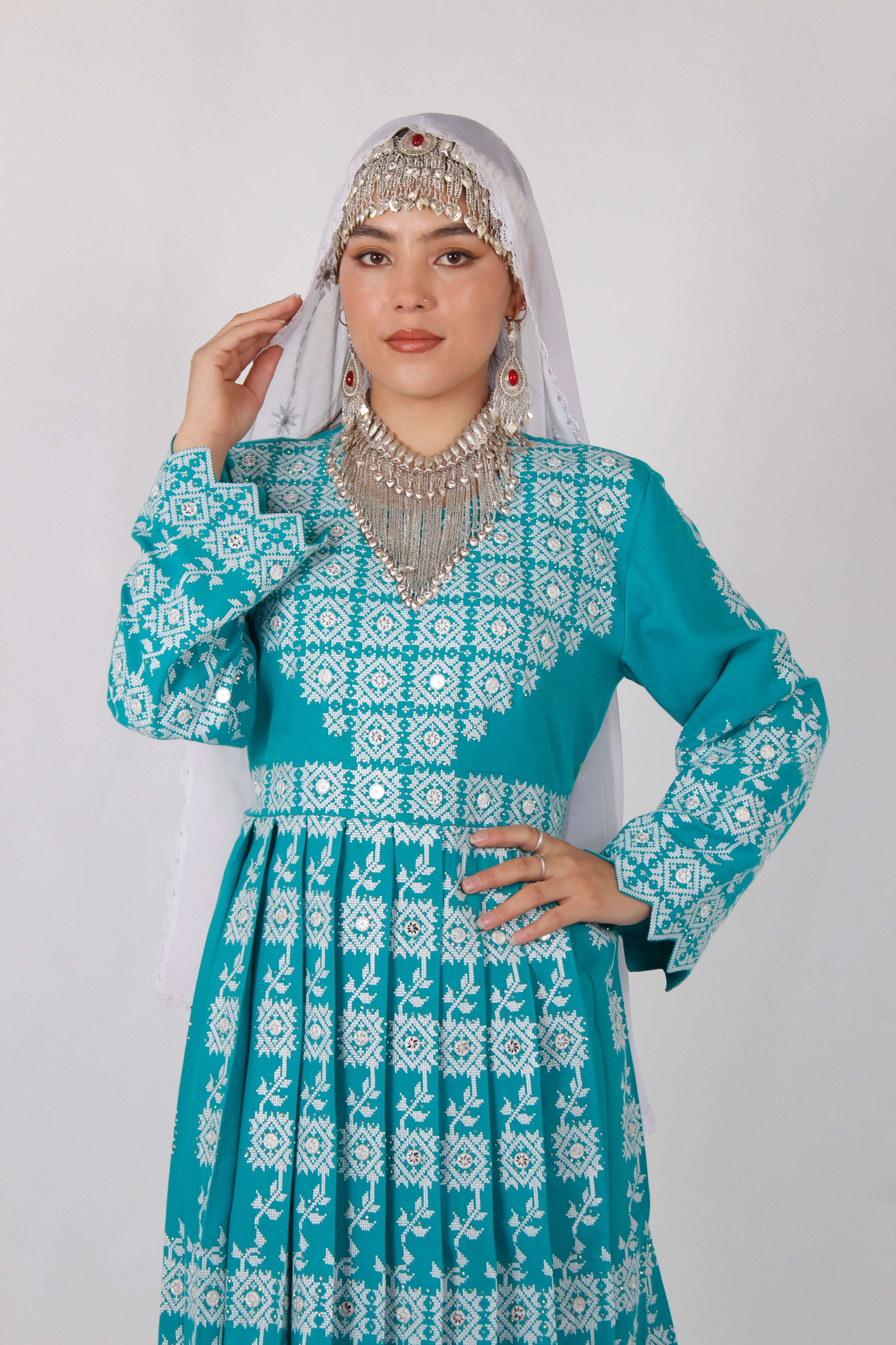 Hazaragi Cotton Embroidered Outfit Set with Mirror Work & Handmade Shawl