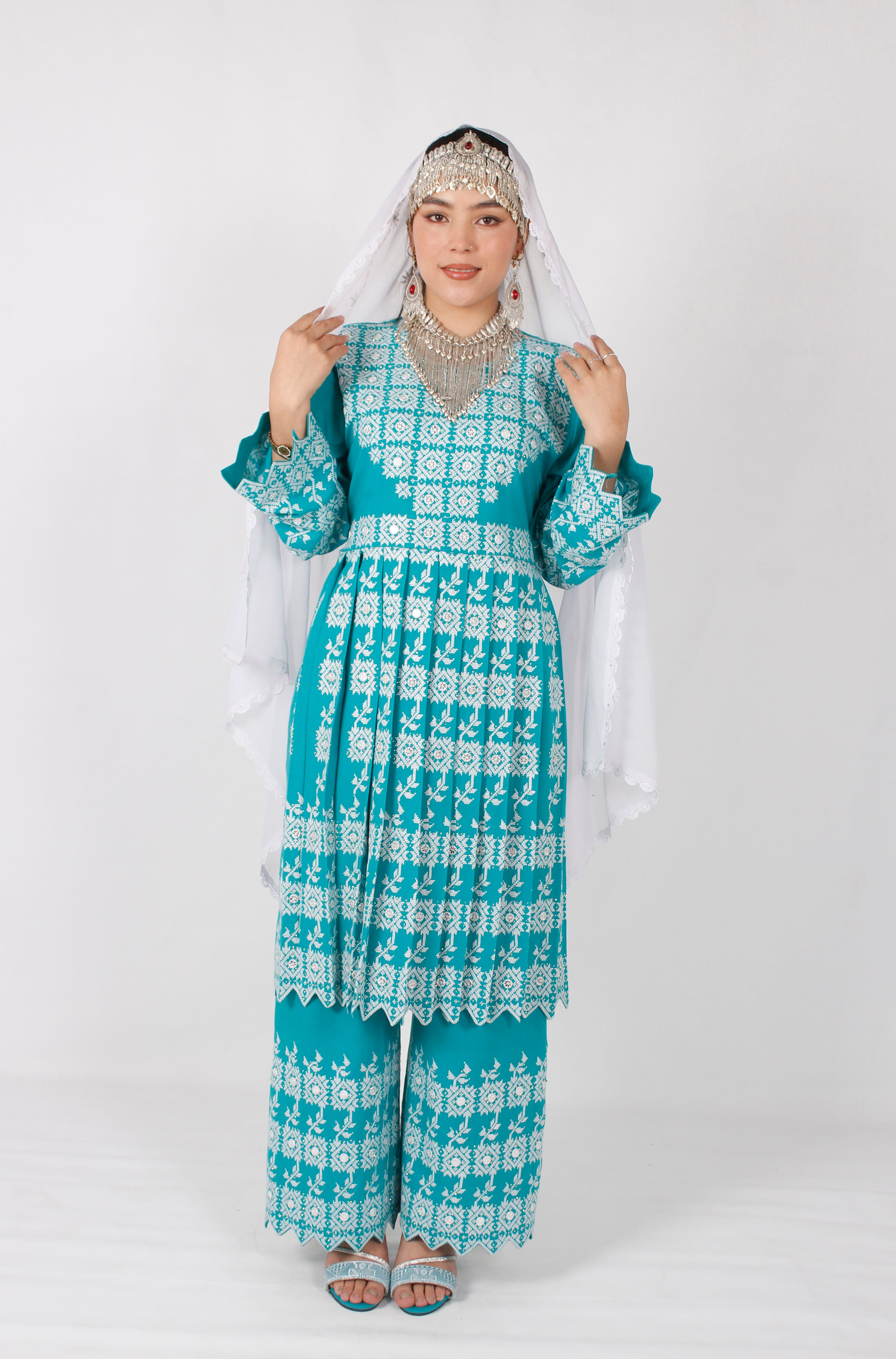 Hazaragi Cotton Embroidered Outfit Set with Mirror Work & Handmade Shawl