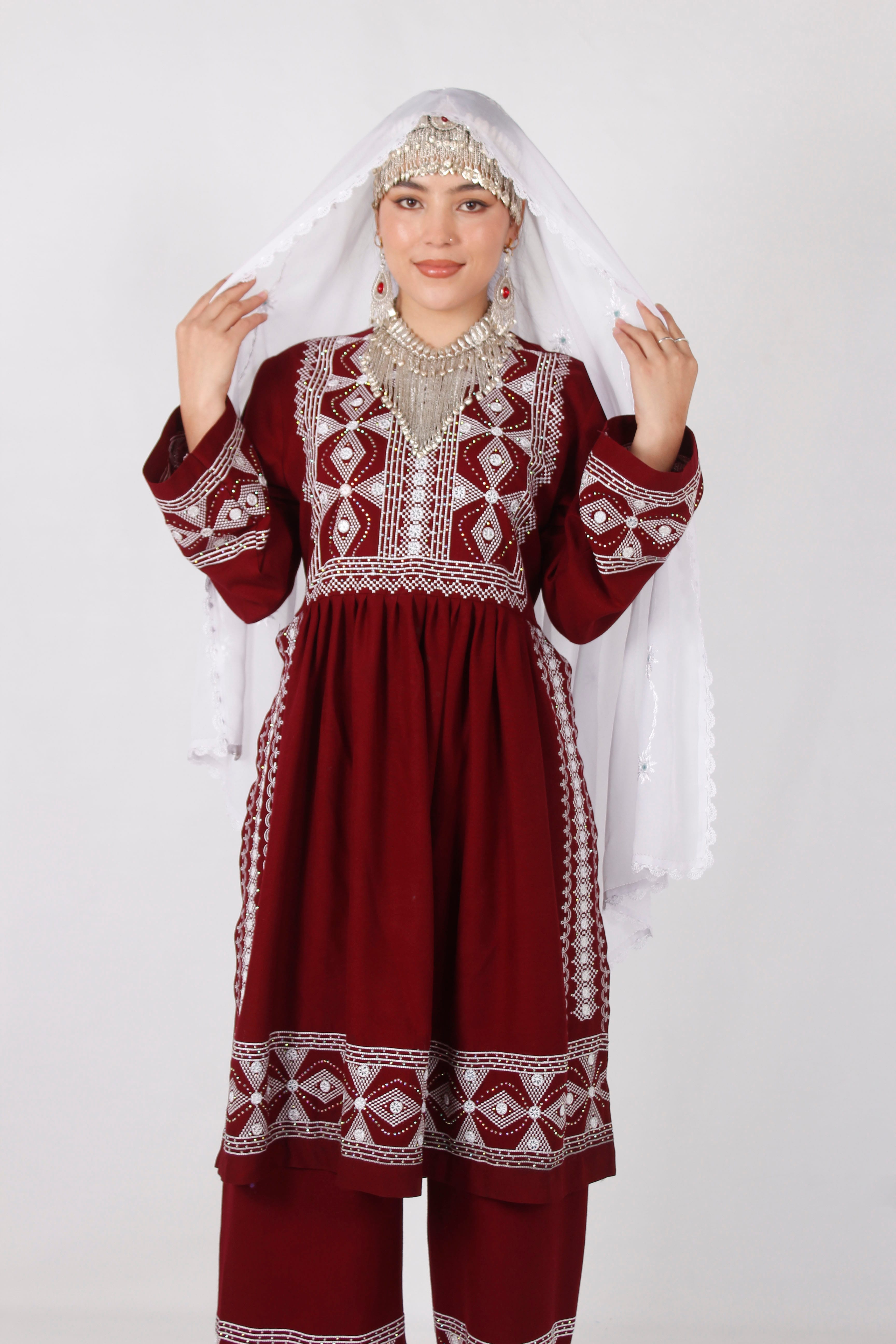 New Hazaragi Cotton Embroidered Outfit Set with Mirror Work & Handmade Shawl