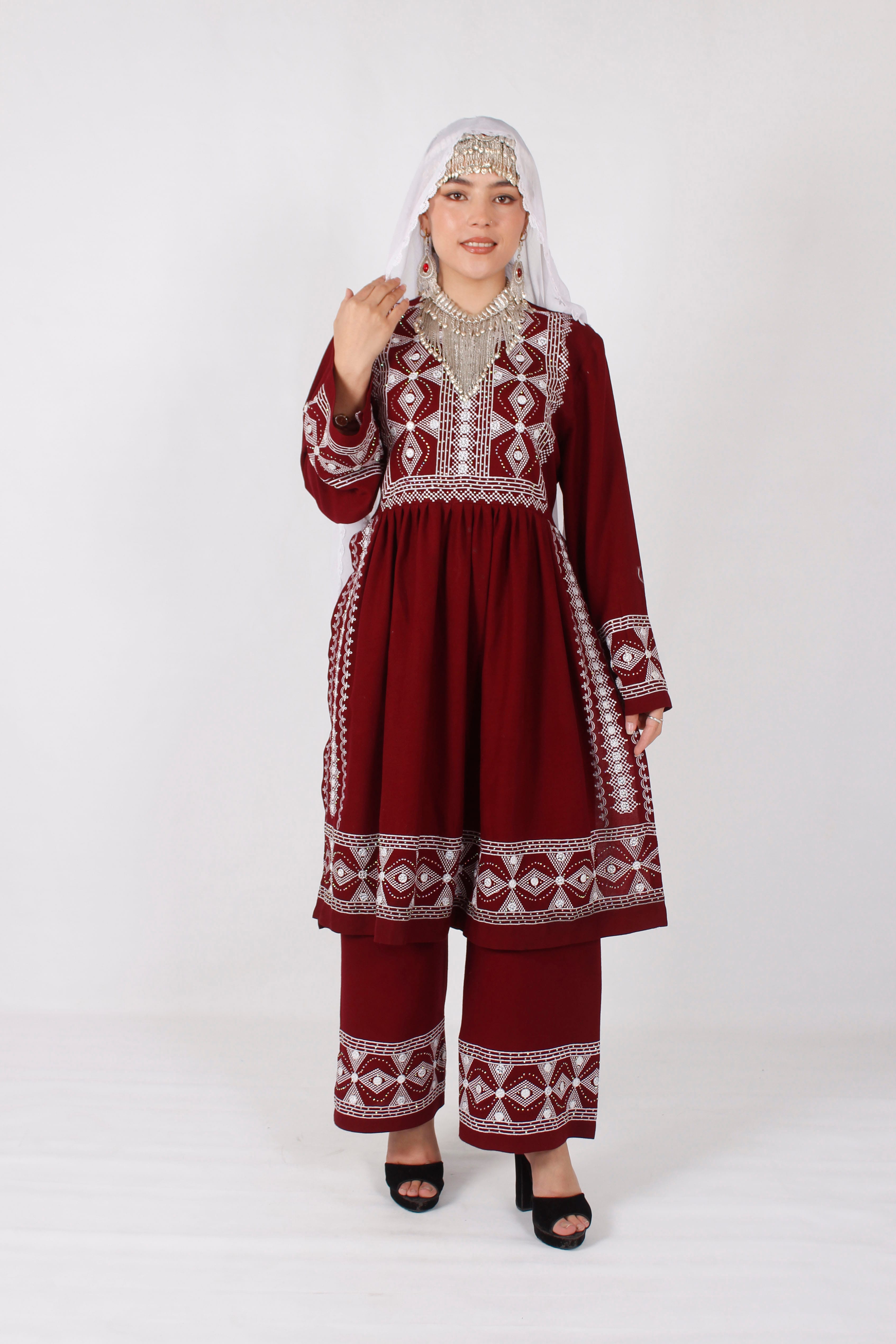 New Hazaragi Cotton Embroidered Outfit Set with Mirror Work & Handmade Shawl
