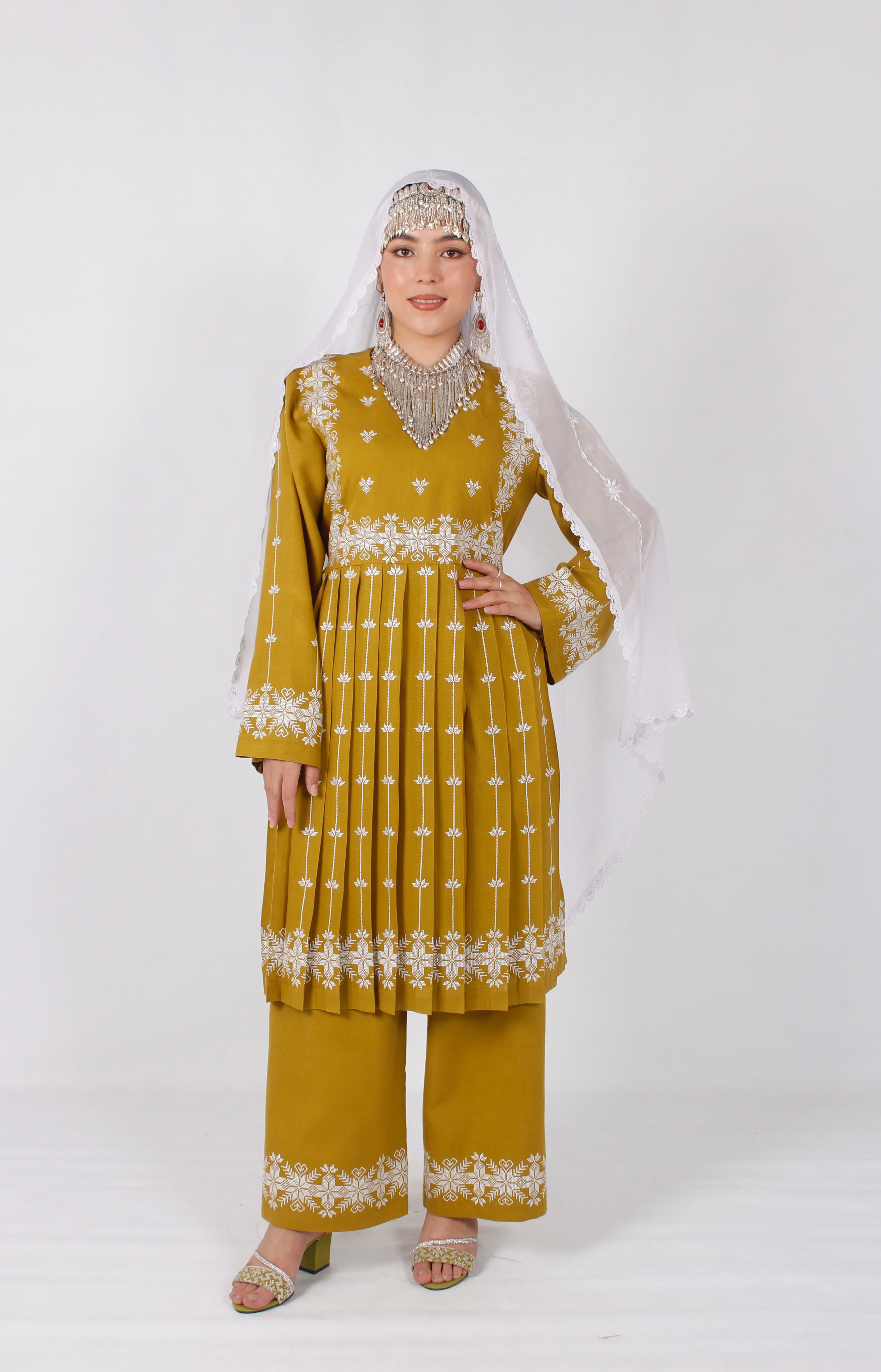 Hazaragi Cotton Embroidered Outfit Set with Handmade Shawl & Shoes