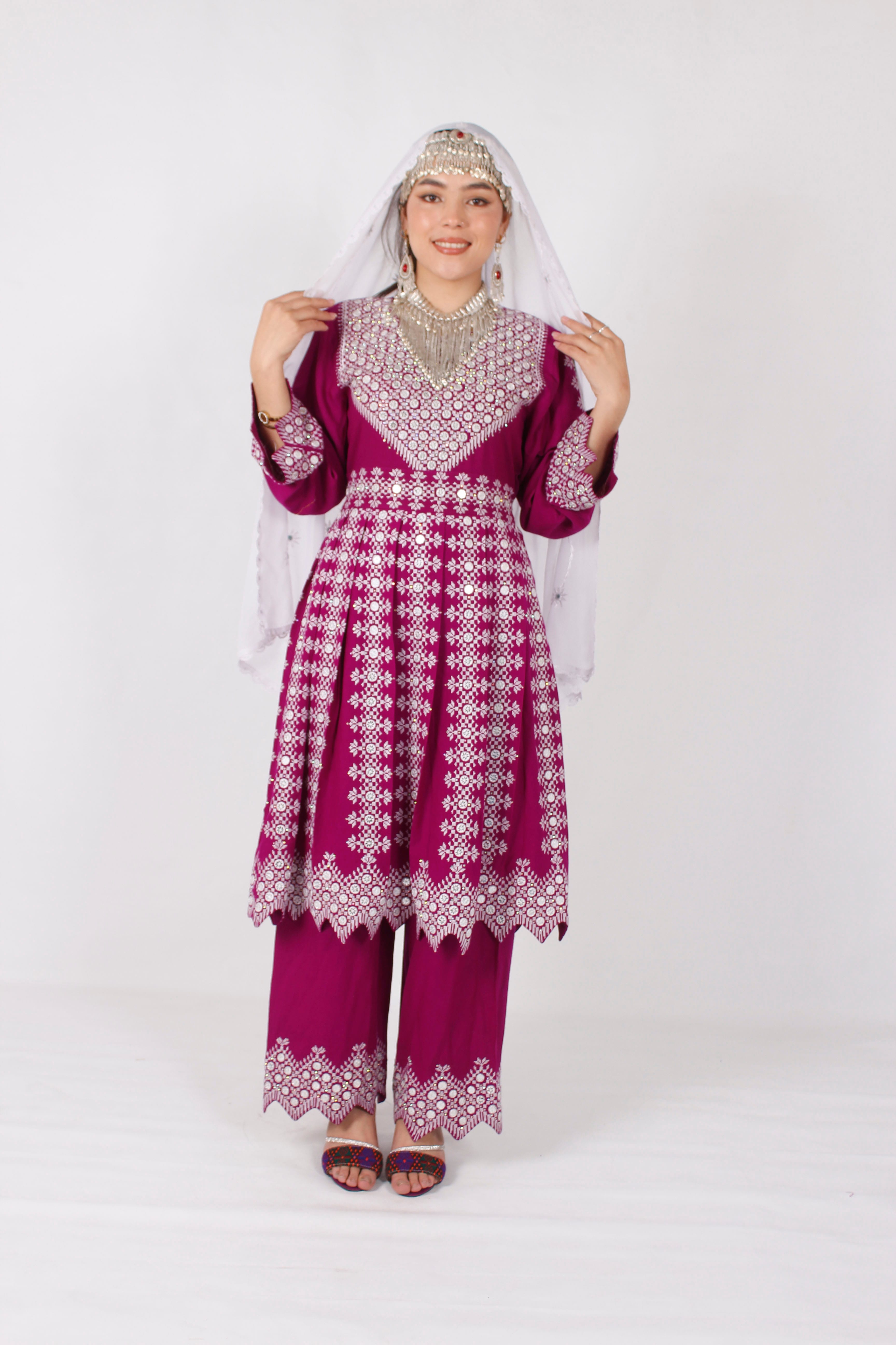 azaragi Cotton Outfit Set with Mirror Work, Handmade Shawl & Embroidered Shoes