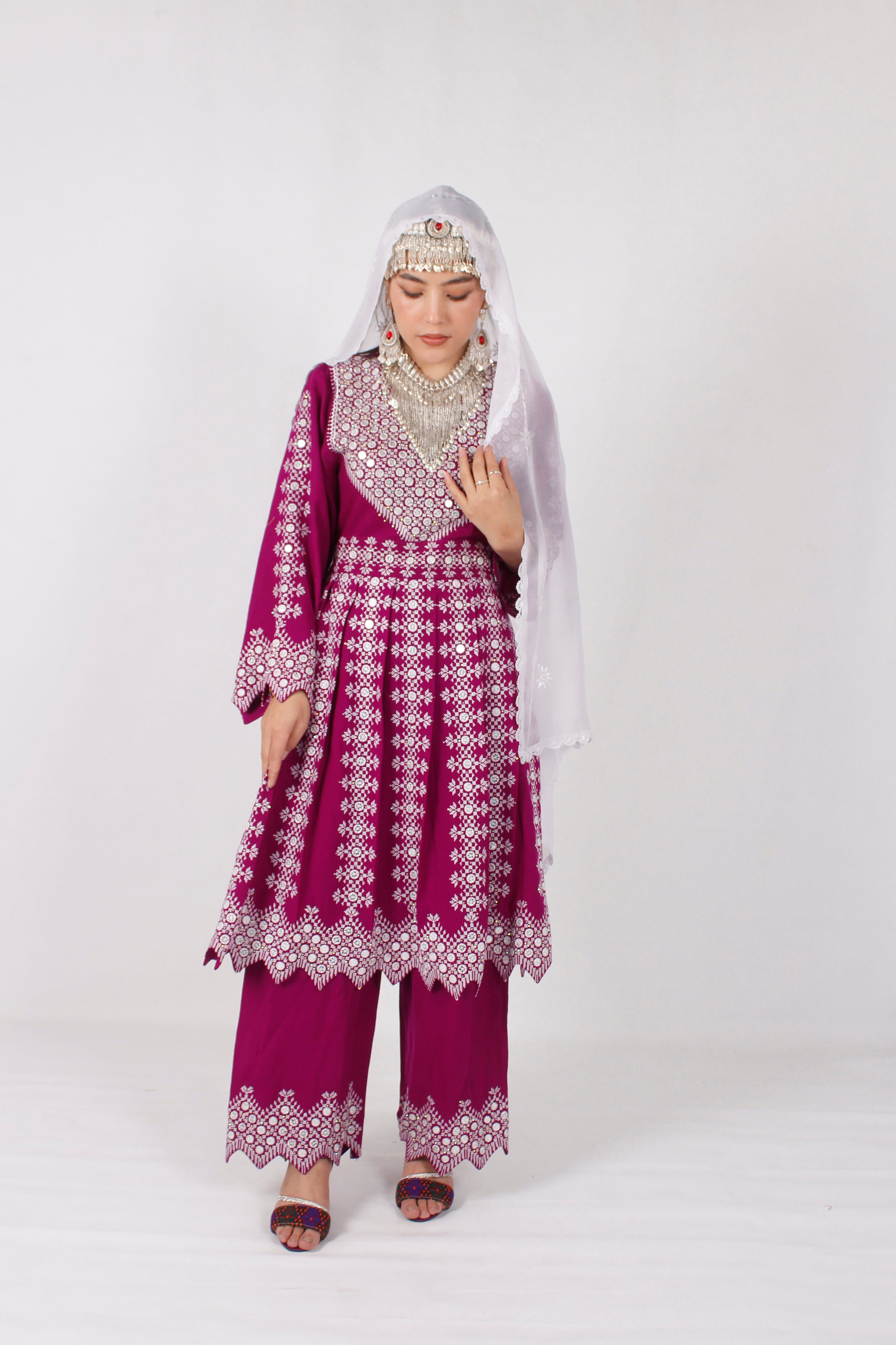 azaragi Cotton Outfit Set with Mirror Work, Handmade Shawl & Embroidered Shoes