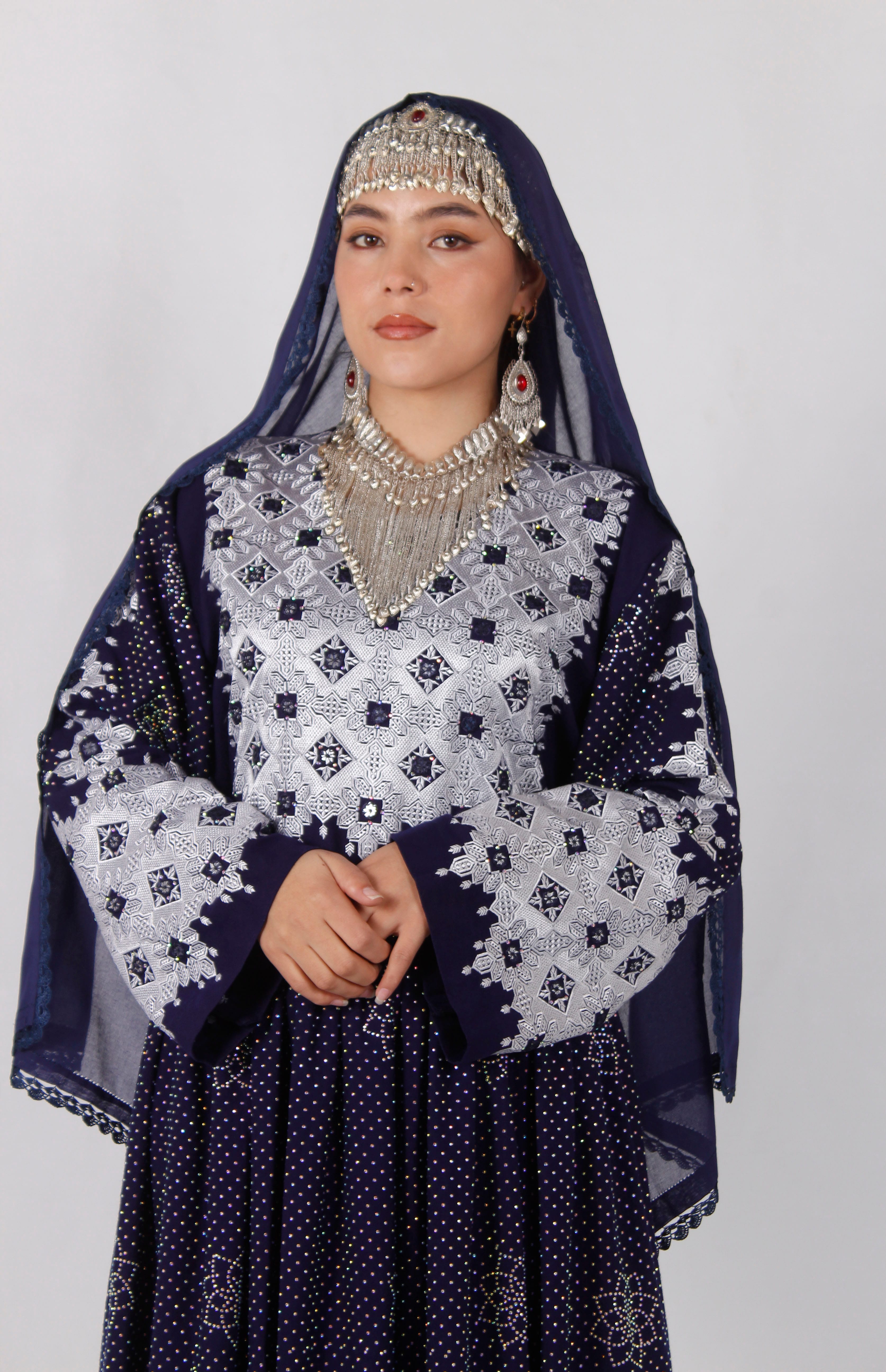Premium Cotton Hazaragi Embroidered Dress Set – Mirror Work | Handmade Shawl & Silver Jewelry