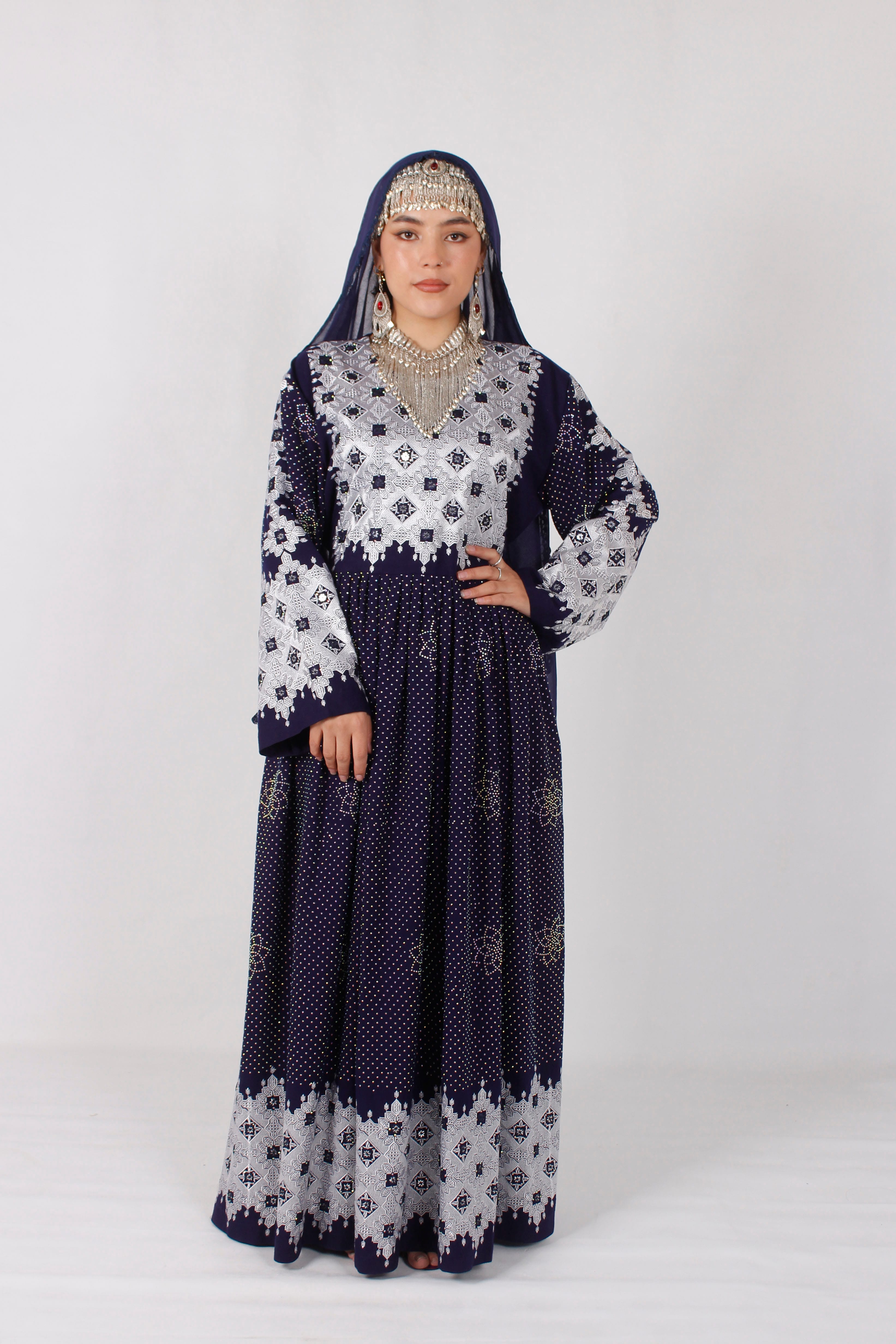 Premium Cotton Hazaragi Embroidered Dress Set – Mirror Work | Handmade Shawl & Silver Jewelry