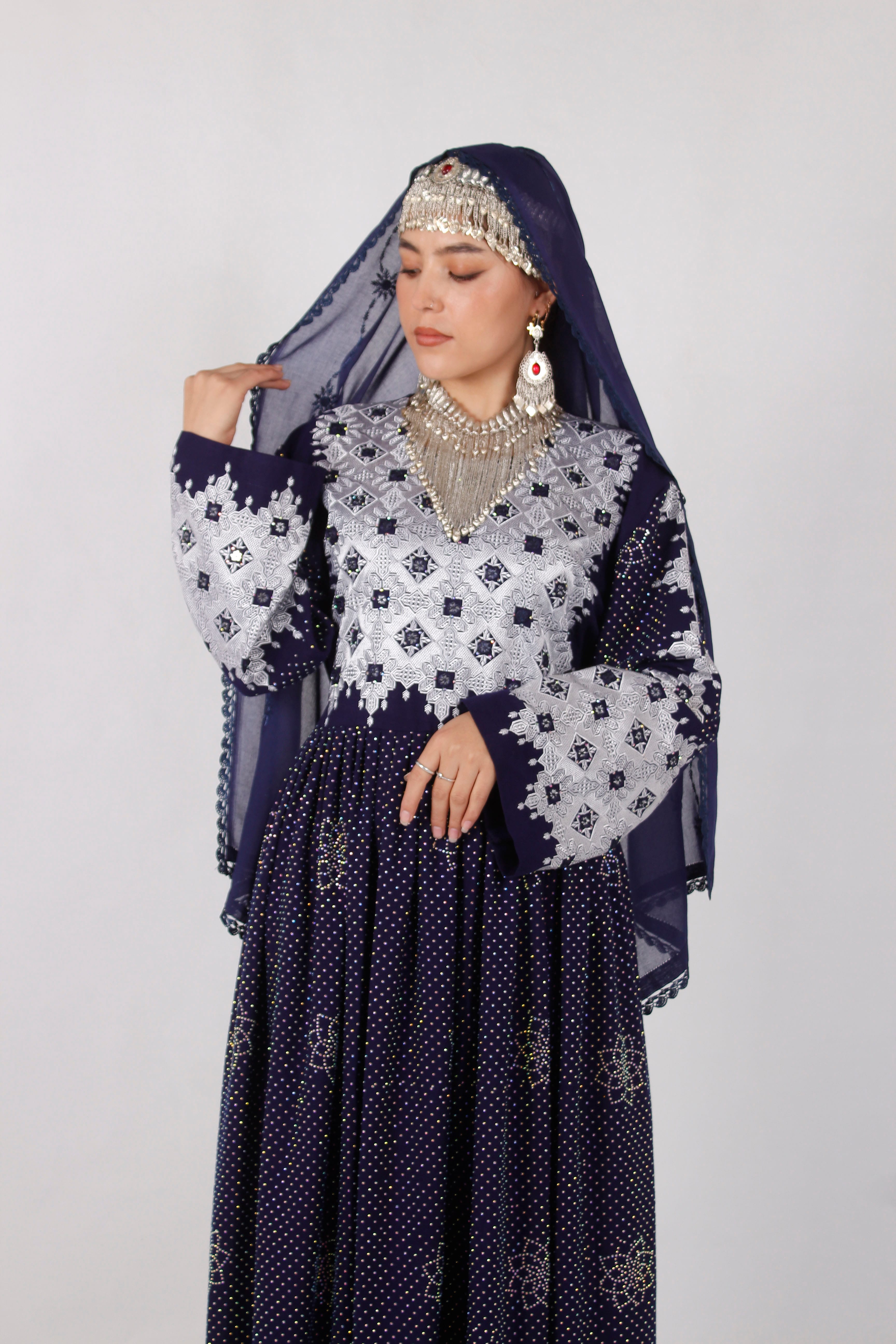 Premium Cotton Hazaragi Embroidered Dress Set – Mirror Work | Handmade Shawl & Silver Jewelry