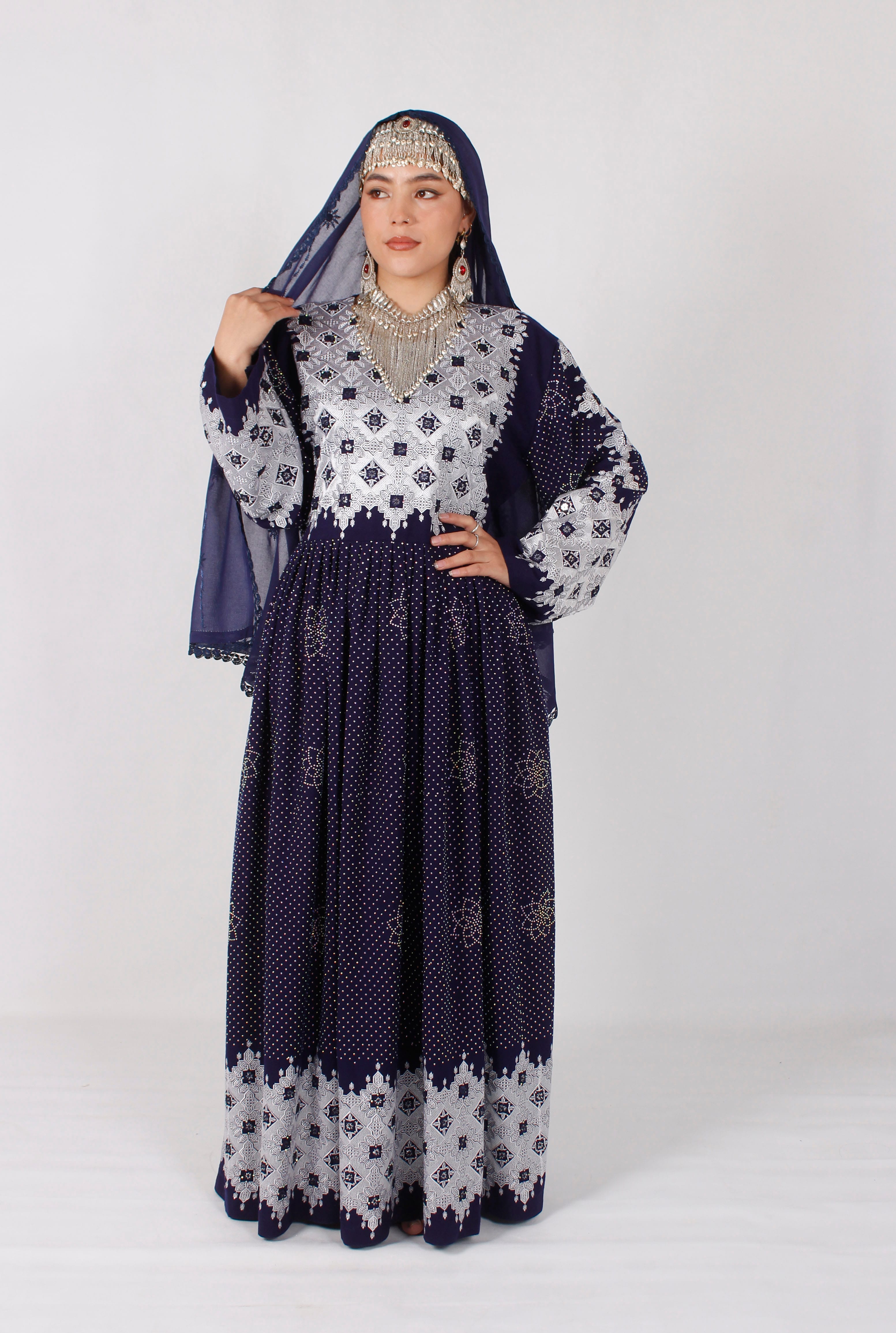 Premium Cotton Hazaragi Embroidered Dress Set – Mirror Work | Handmade Shawl & Silver Jewelry