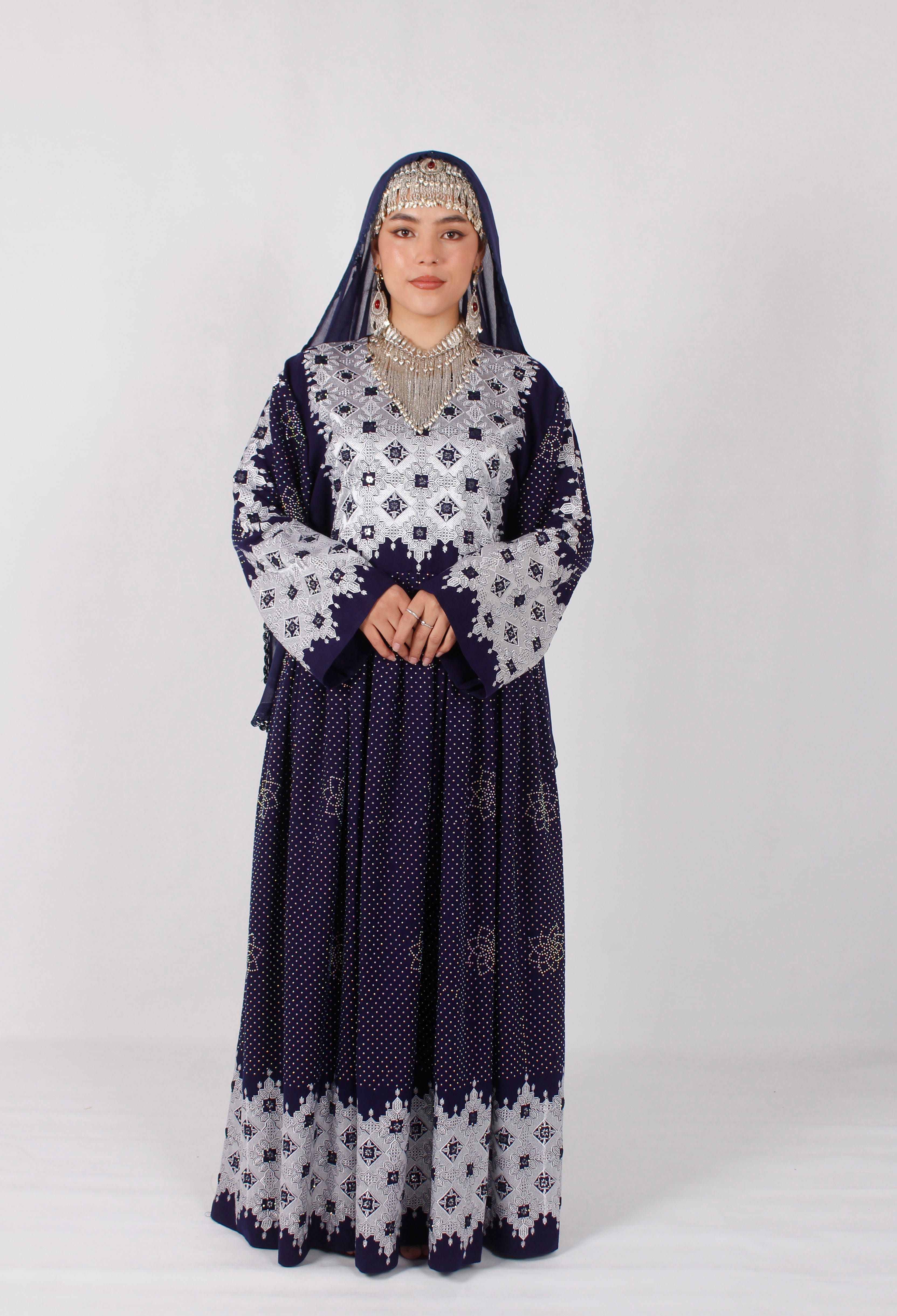 Premium Cotton Hazaragi Embroidered Dress Set – Mirror Work | Handmade Shawl & Silver Jewelry