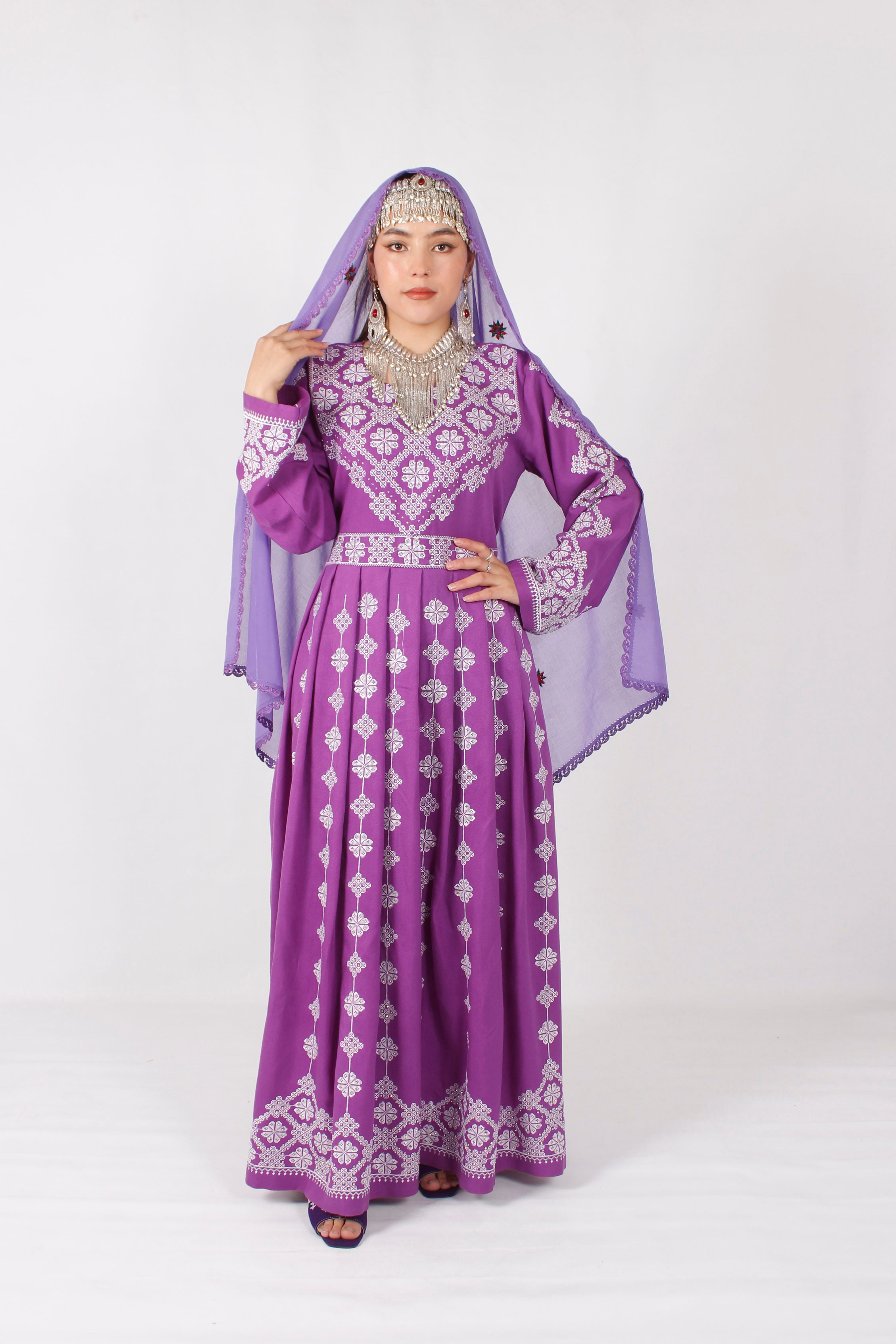 Cotton Hazaragi Embroidered Dress Set with Mirror Work & Handmade Shawl