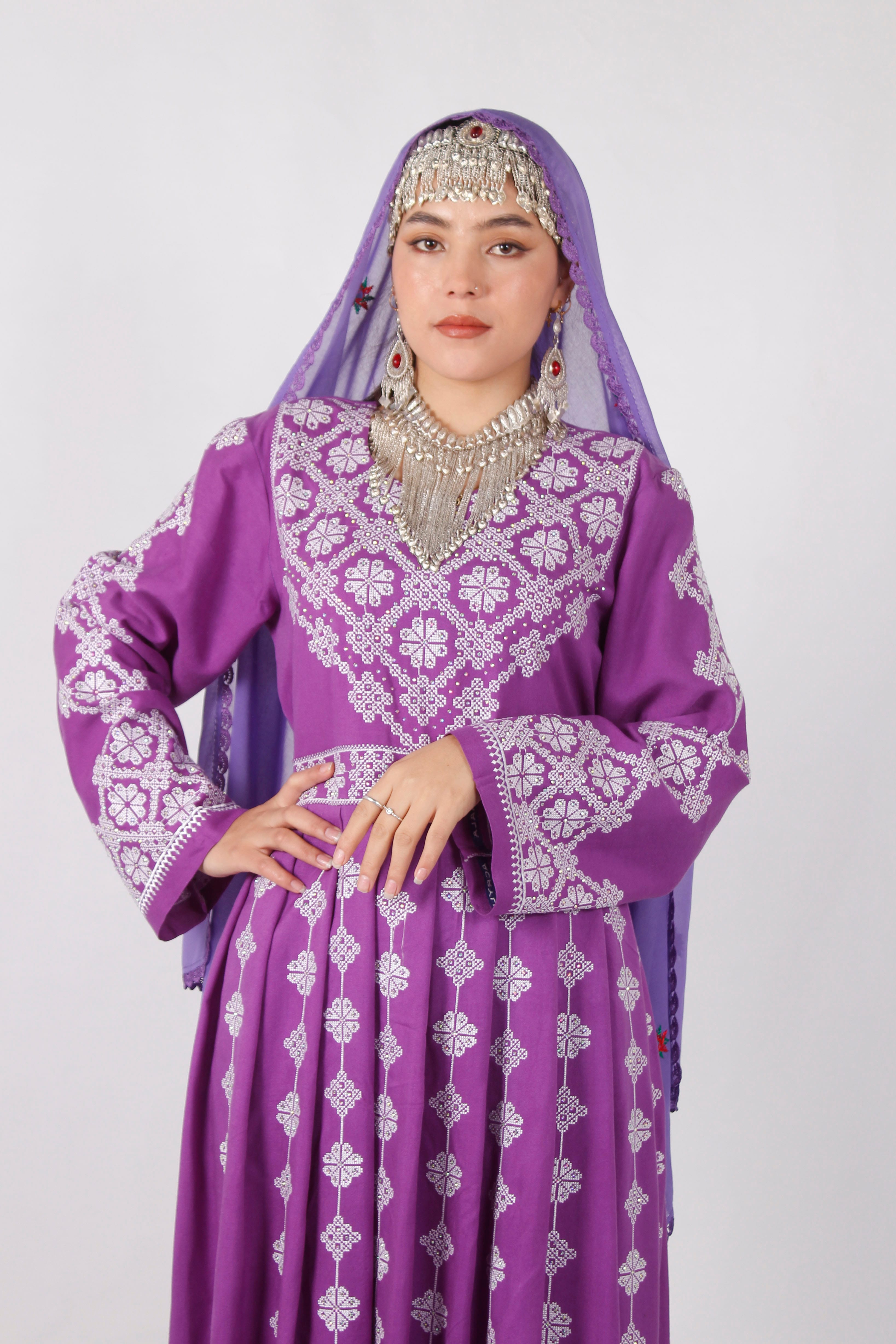Cotton Hazaragi Embroidered Dress Set with Mirror Work & Handmade Shawl
