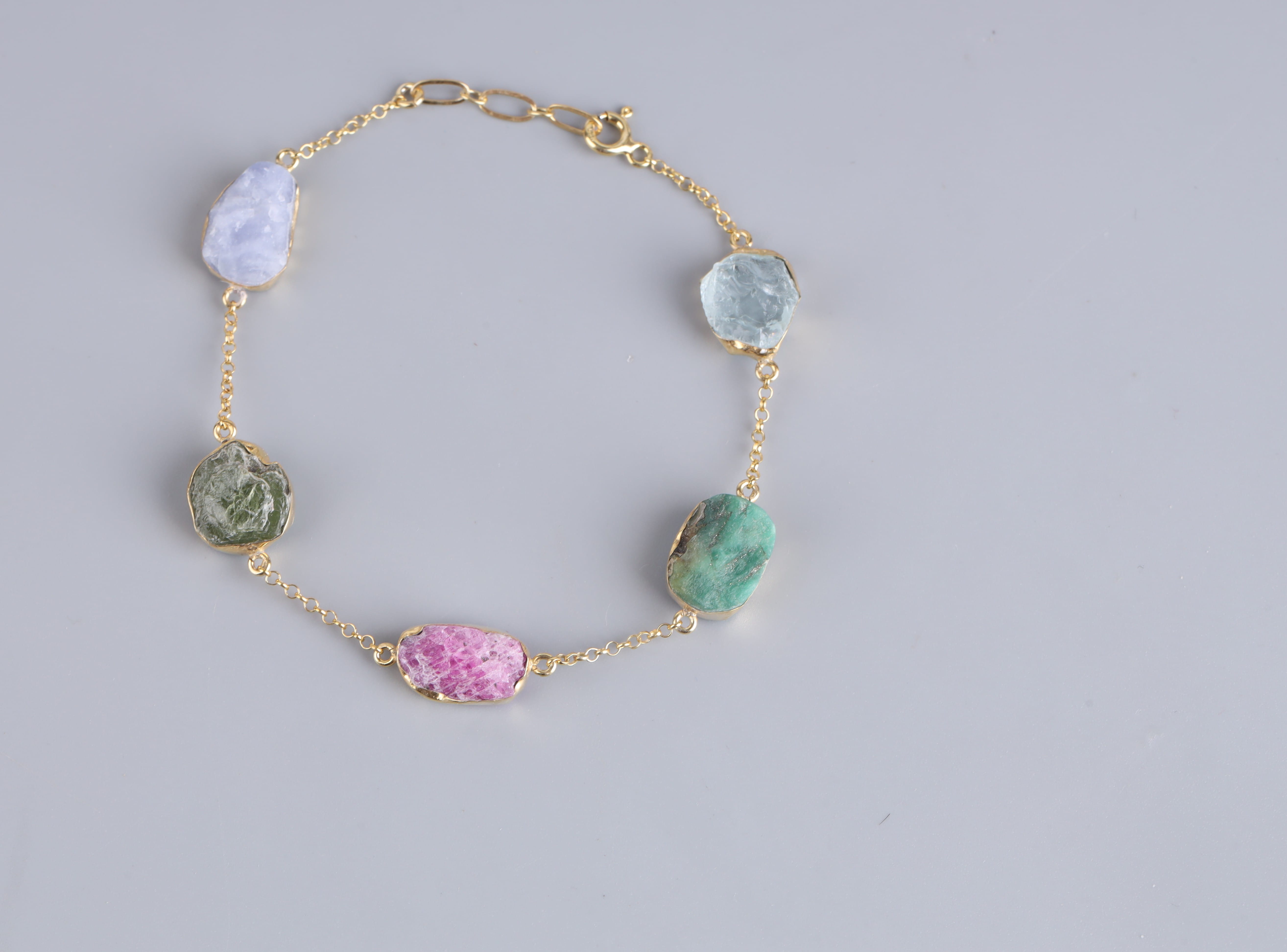 Natural Gemstone Gold Washed Silver Bracelet