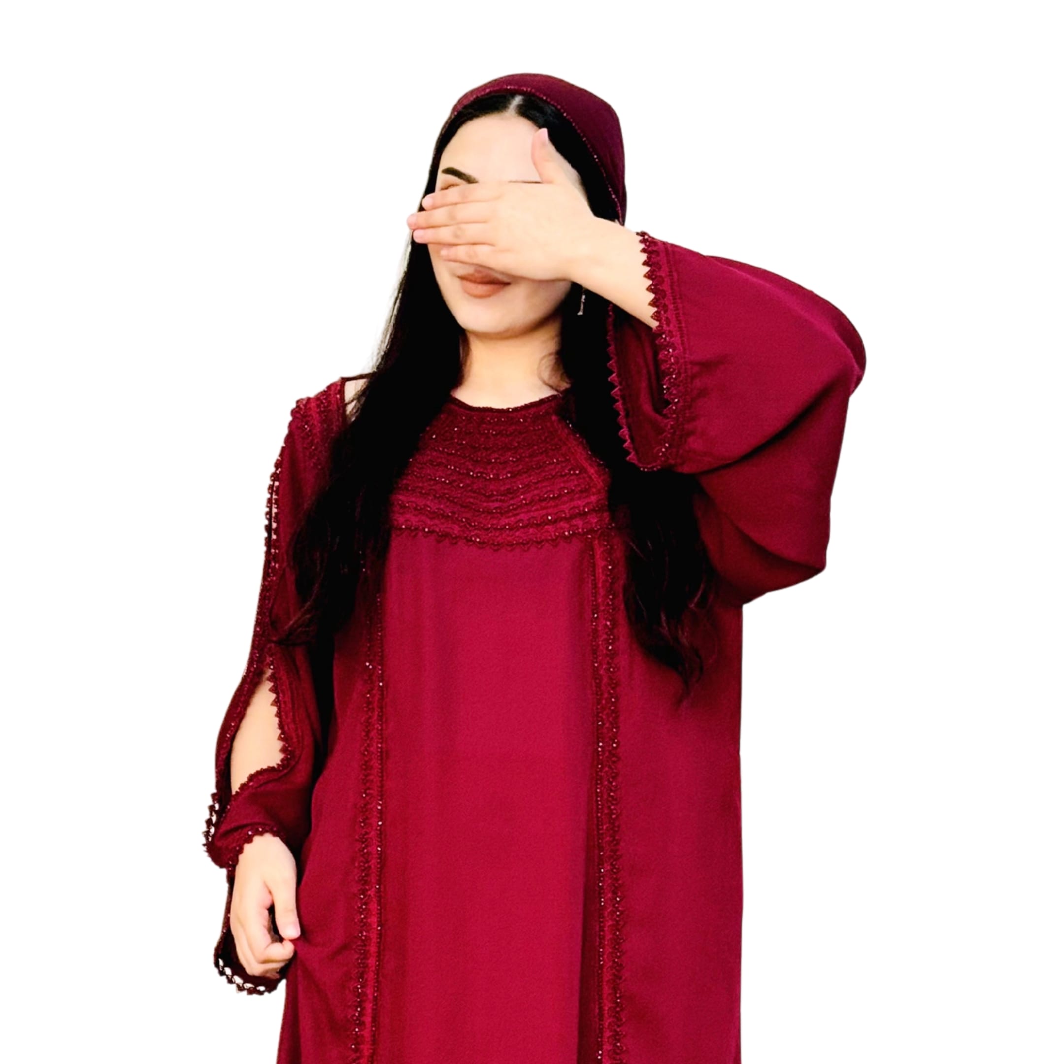 Handcrafted Arabic Gaj Fabric Dress with Ketor Embroidery & Beadwork