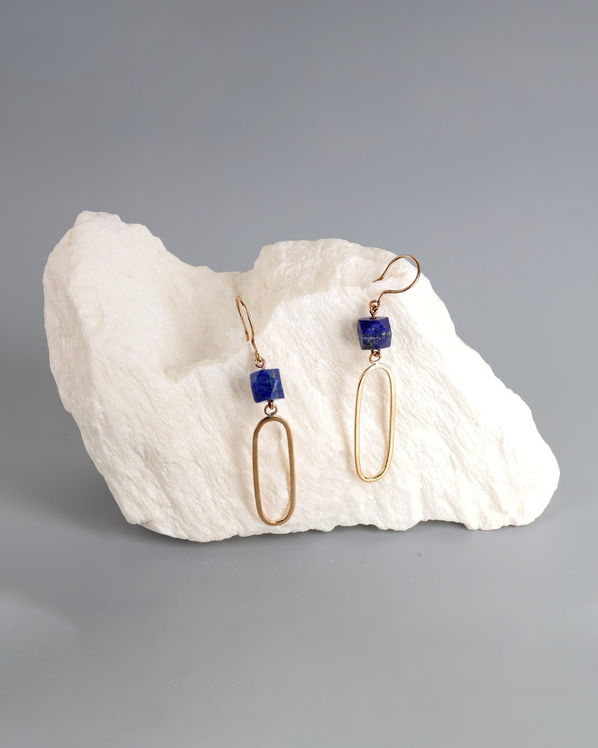 Lapis Lazuli Cube & Brass Oval Earrings