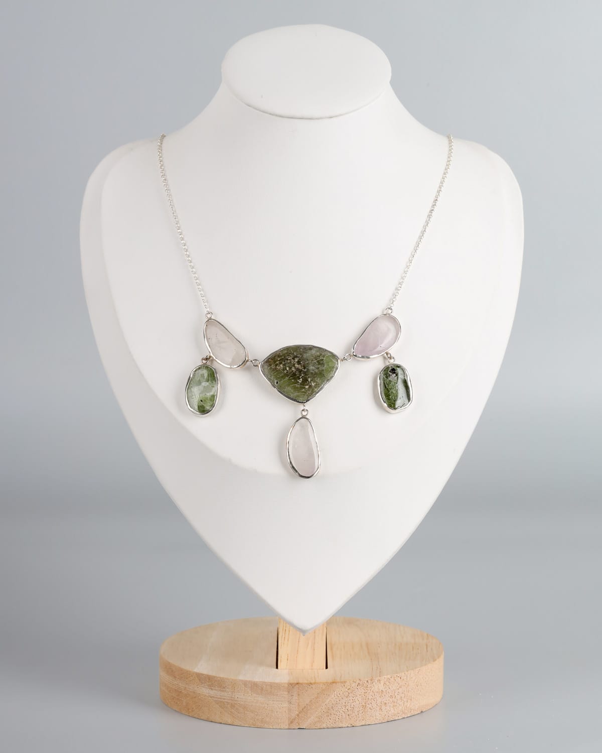 Raw Peridot & Quartz Silver Necklace