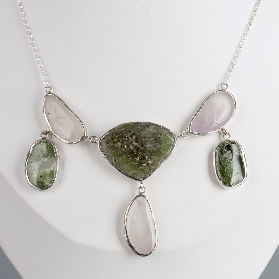 Raw Peridot & Quartz Silver Necklace