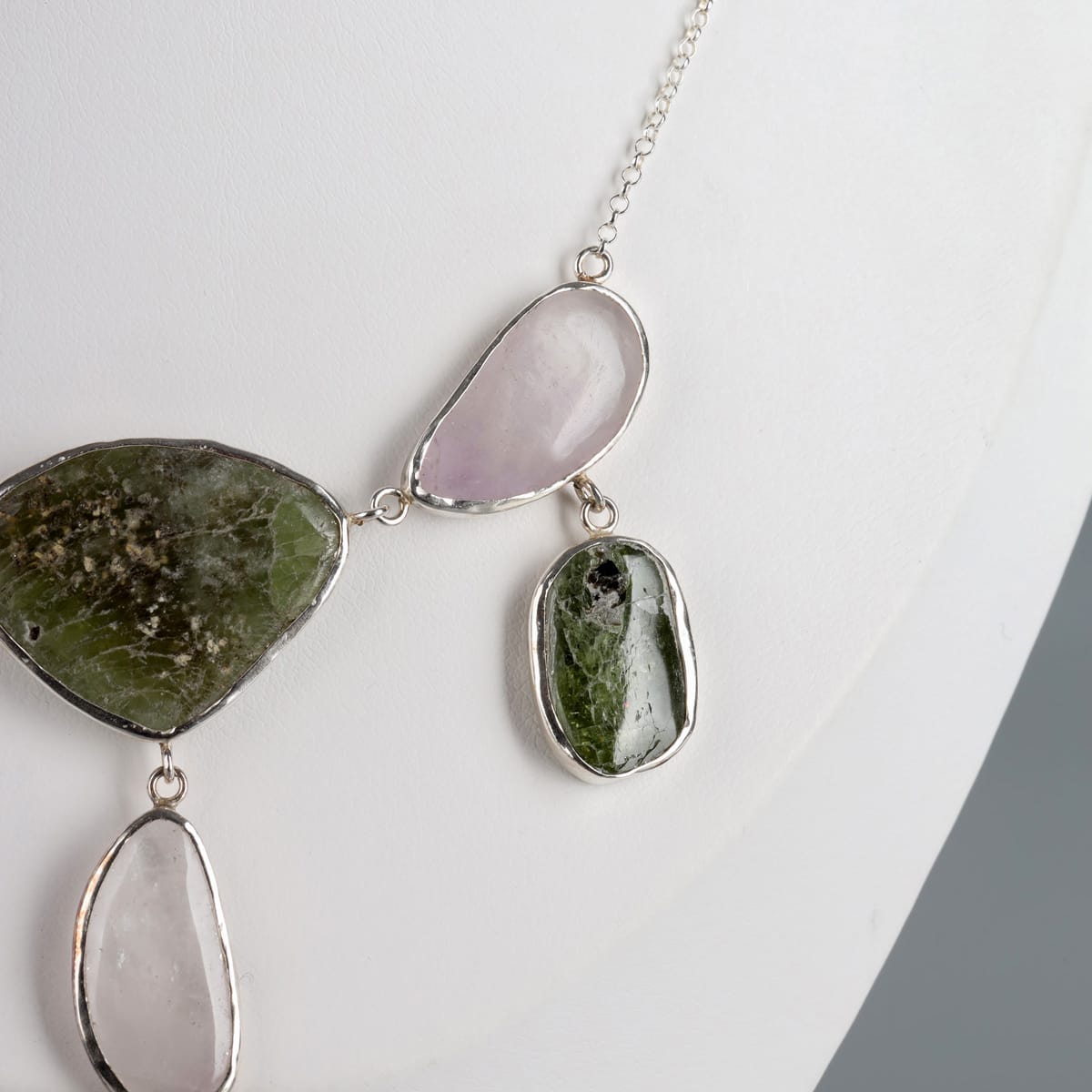 Raw Peridot & Quartz Silver Necklace