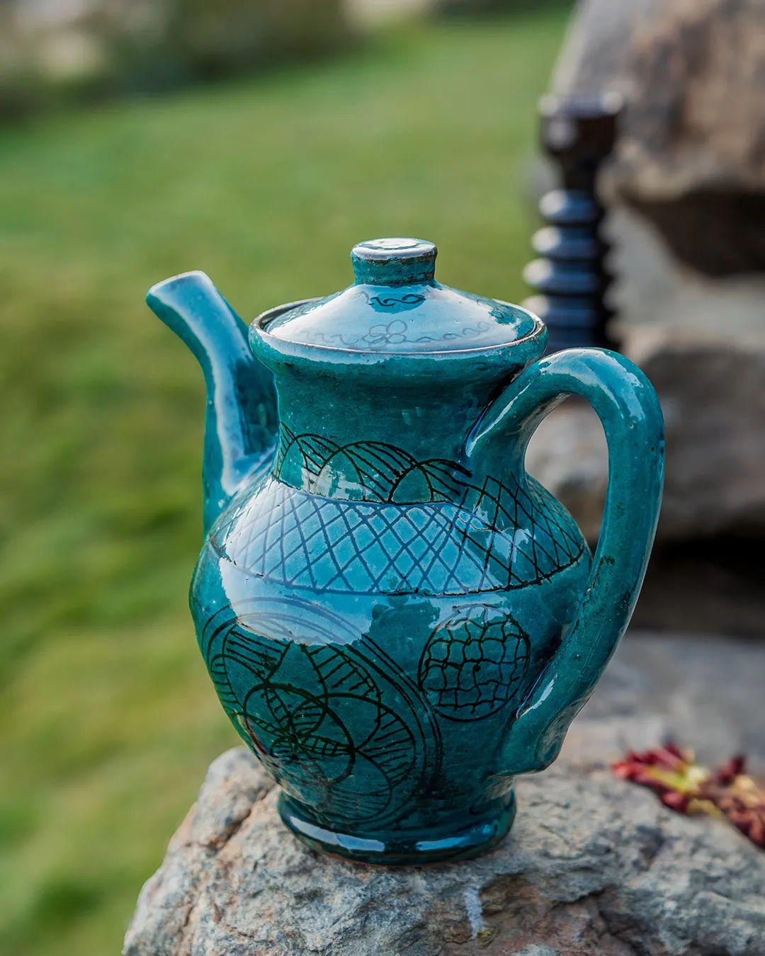 Handmade Ceramic Turquoise Teapot With Black Prints