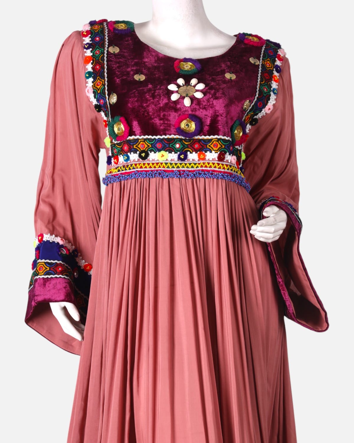 Afghan Traditional Embroidered Dress Pink and Maroon
