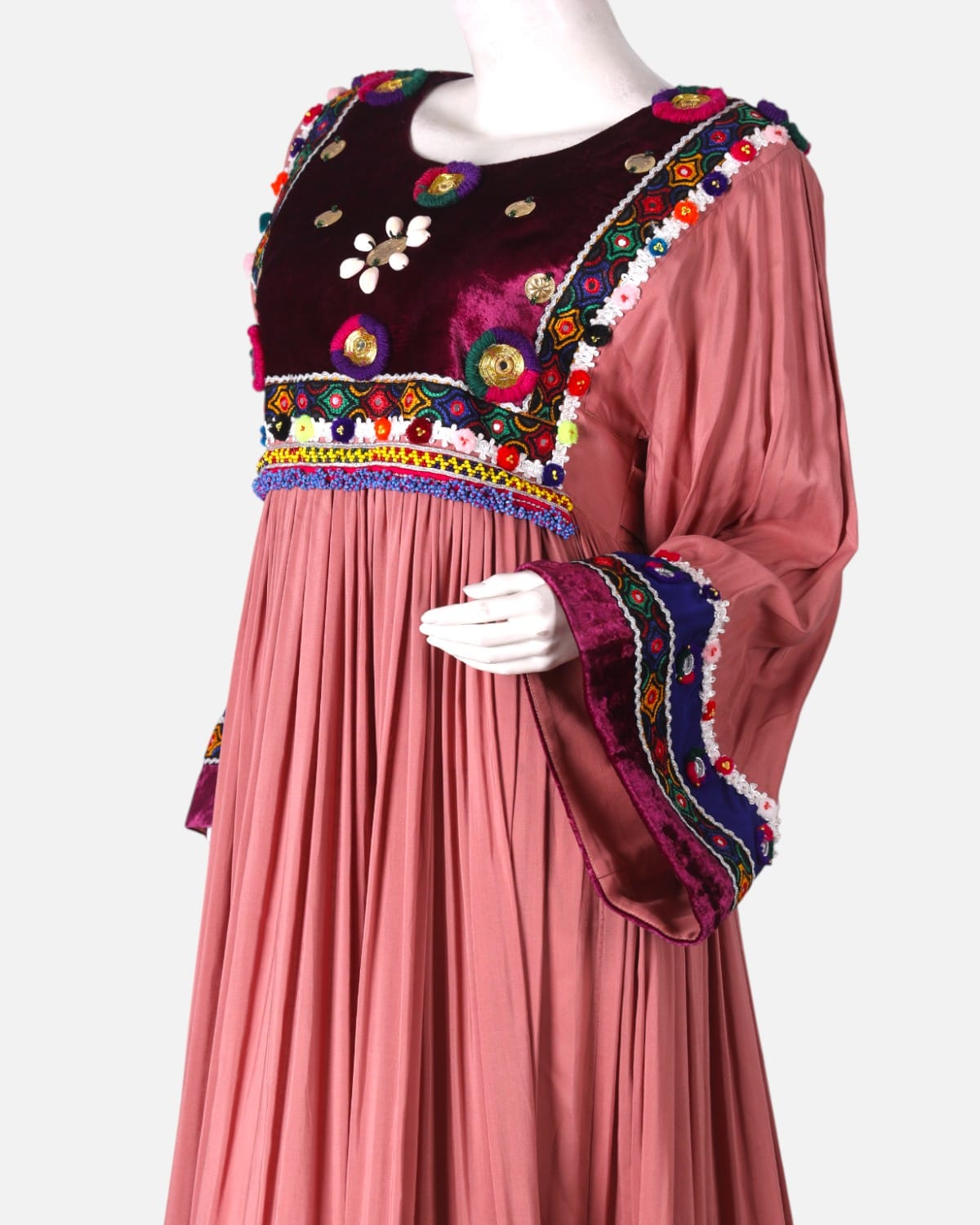 Afghan Traditional Embroidered Dress Pink and Maroon
