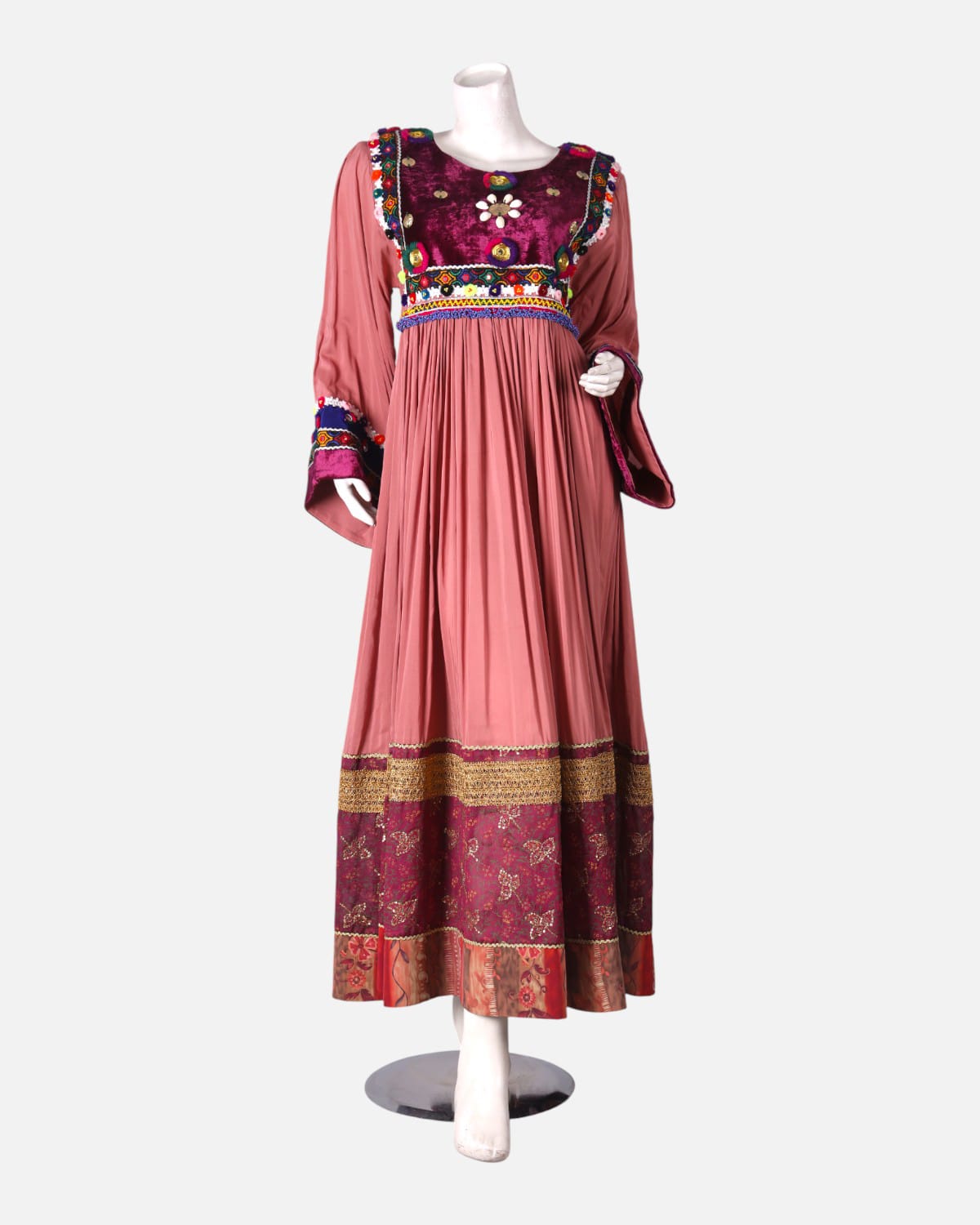 Afghan Traditional Embroidered Dress Pink and Maroon