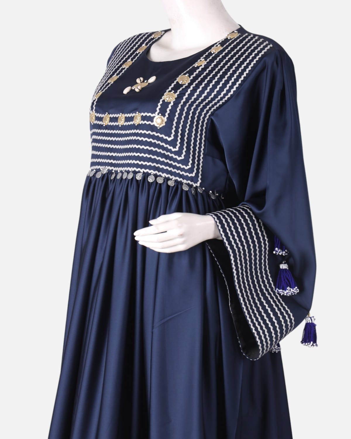 Handmade Satin Dress Navy Blue with Colorful Floral Embroidery