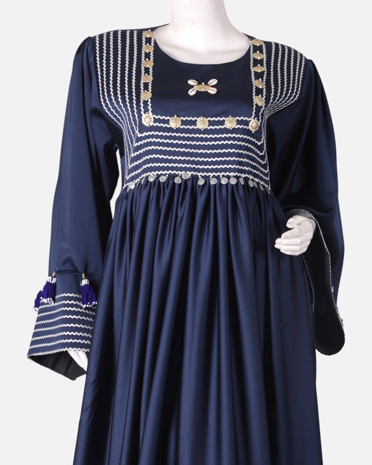 Handmade Satin Dress Navy Blue with Colorful Floral Embroidery