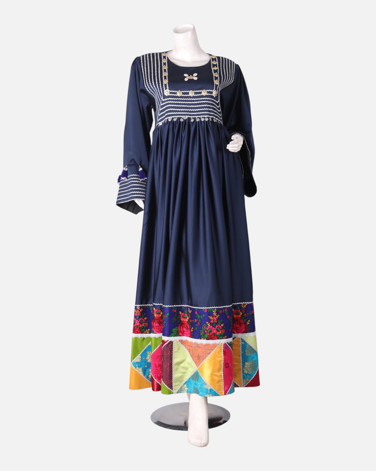Handmade Satin Dress Navy Blue with Colorful Floral Embroidery