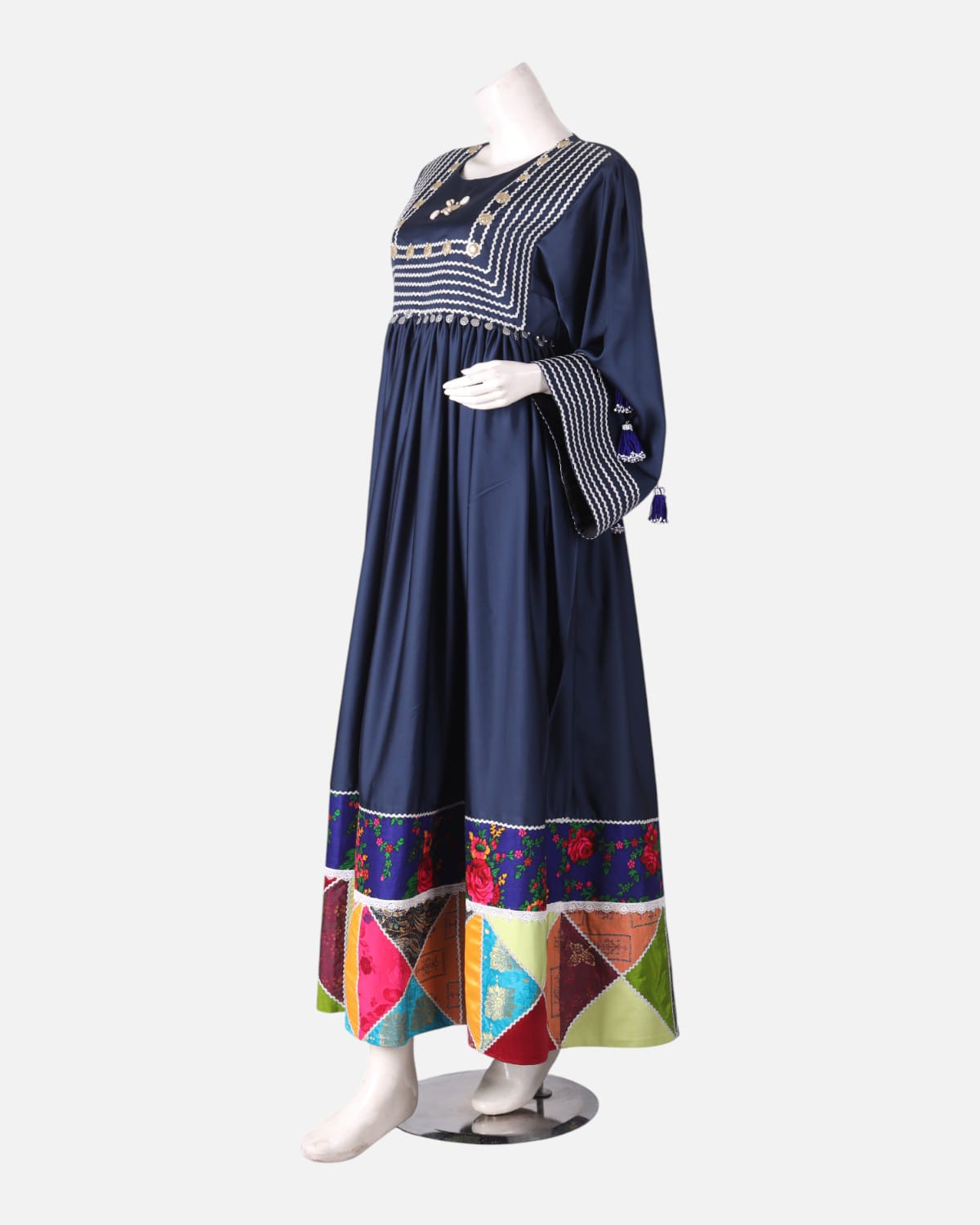 Handmade Satin Dress Navy Blue with Colorful Floral Embroidery