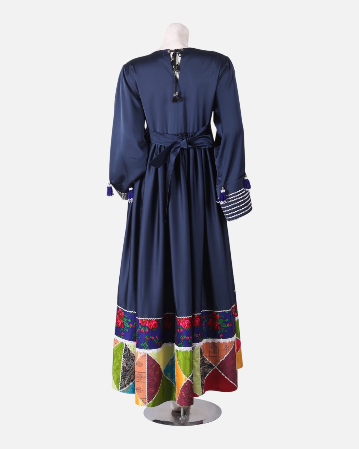 Handmade Satin Dress Navy Blue with Colorful Floral Embroidery