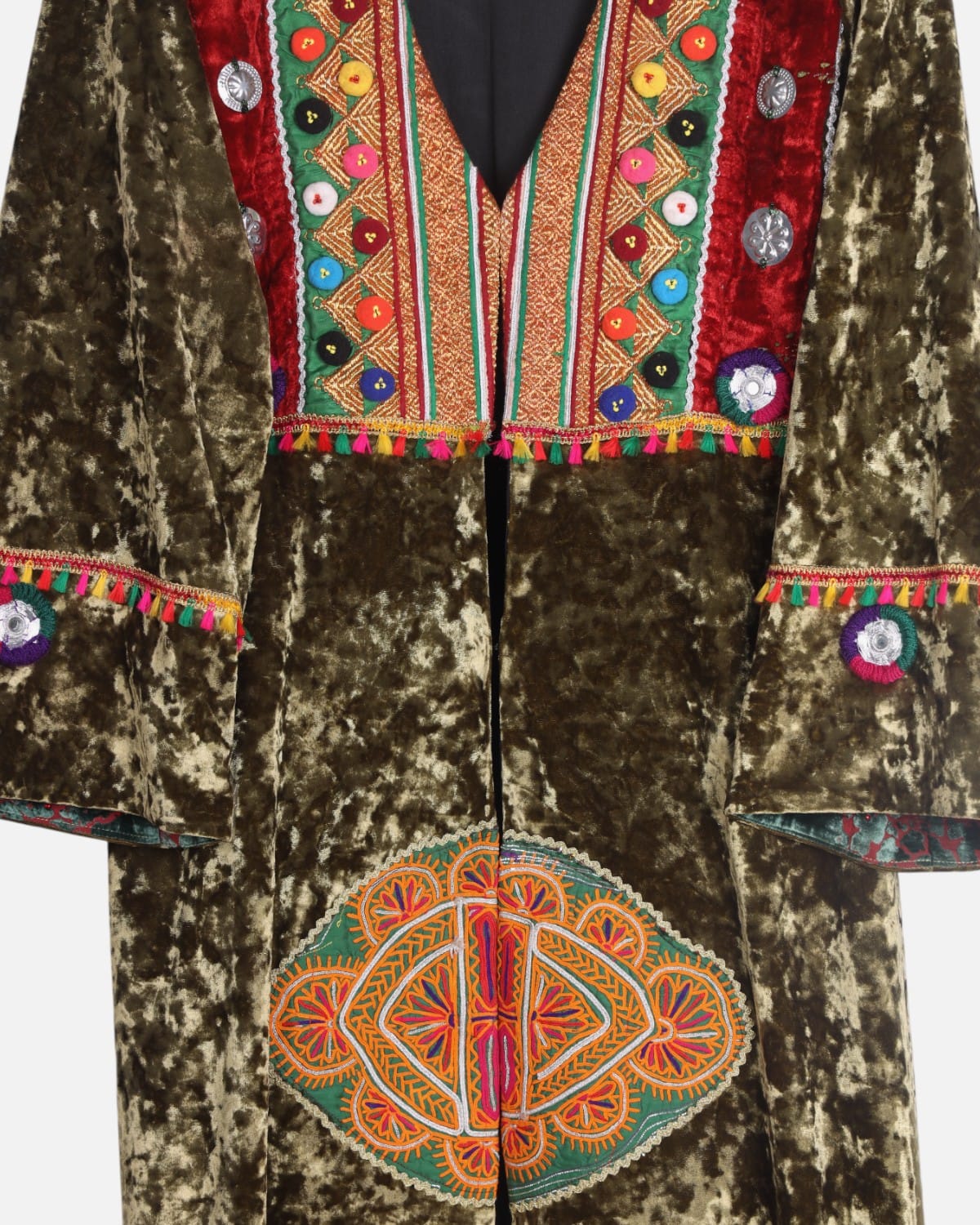 Olive Green Afghan Velvet Embroidered Dress