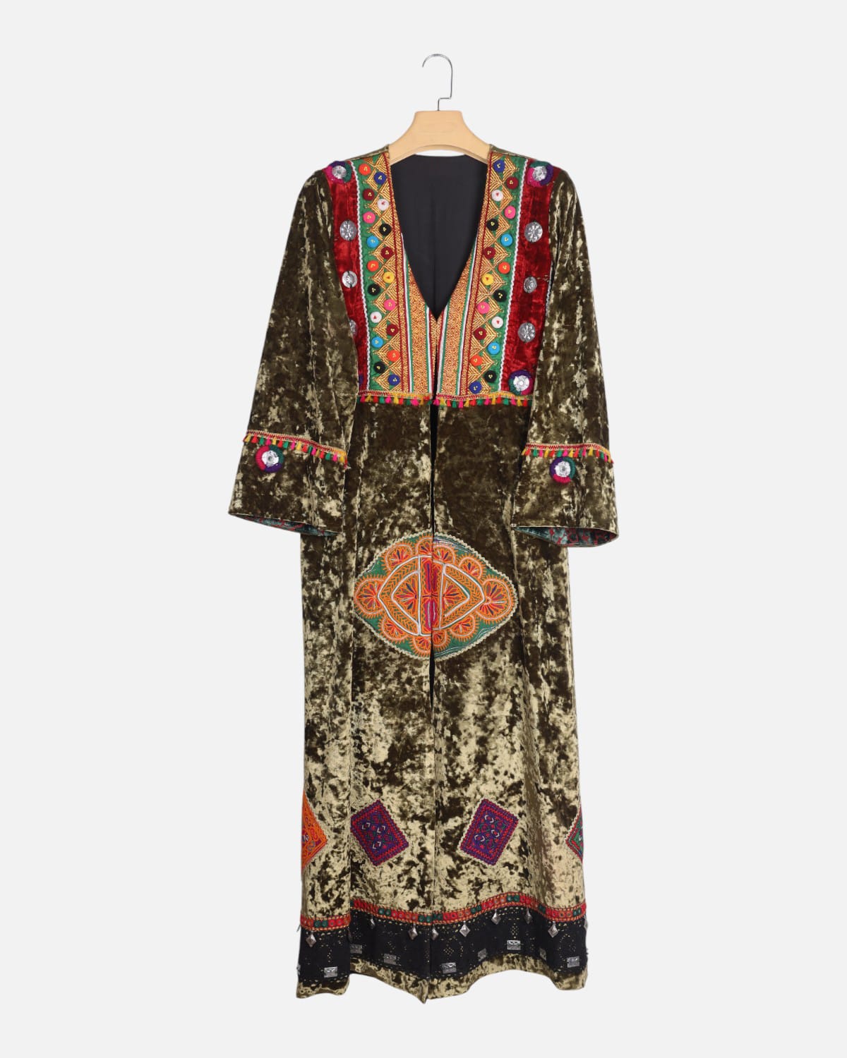 Olive Green Afghan Velvet Embroidered Dress