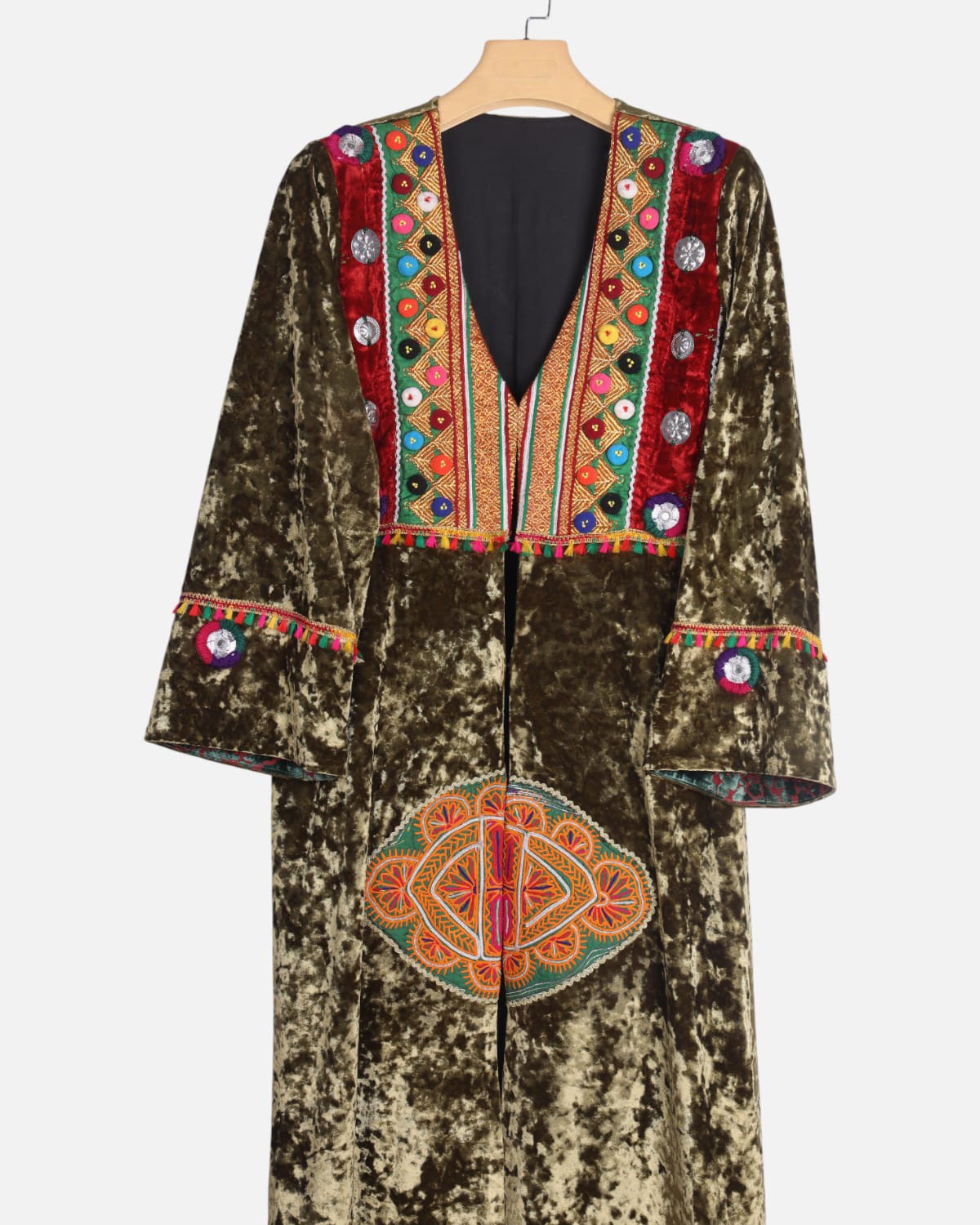 Olive Green Afghan Velvet Embroidered Dress