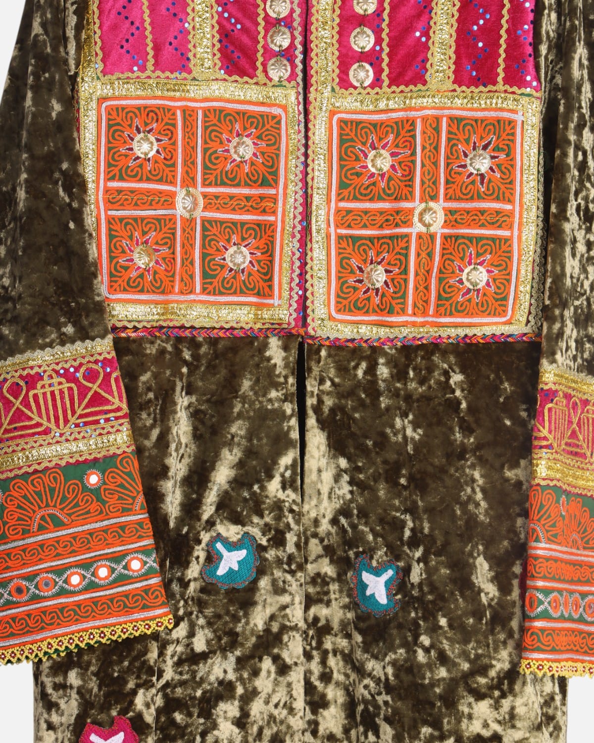 Olive Green Afghan Velvet Dress with Embroidery