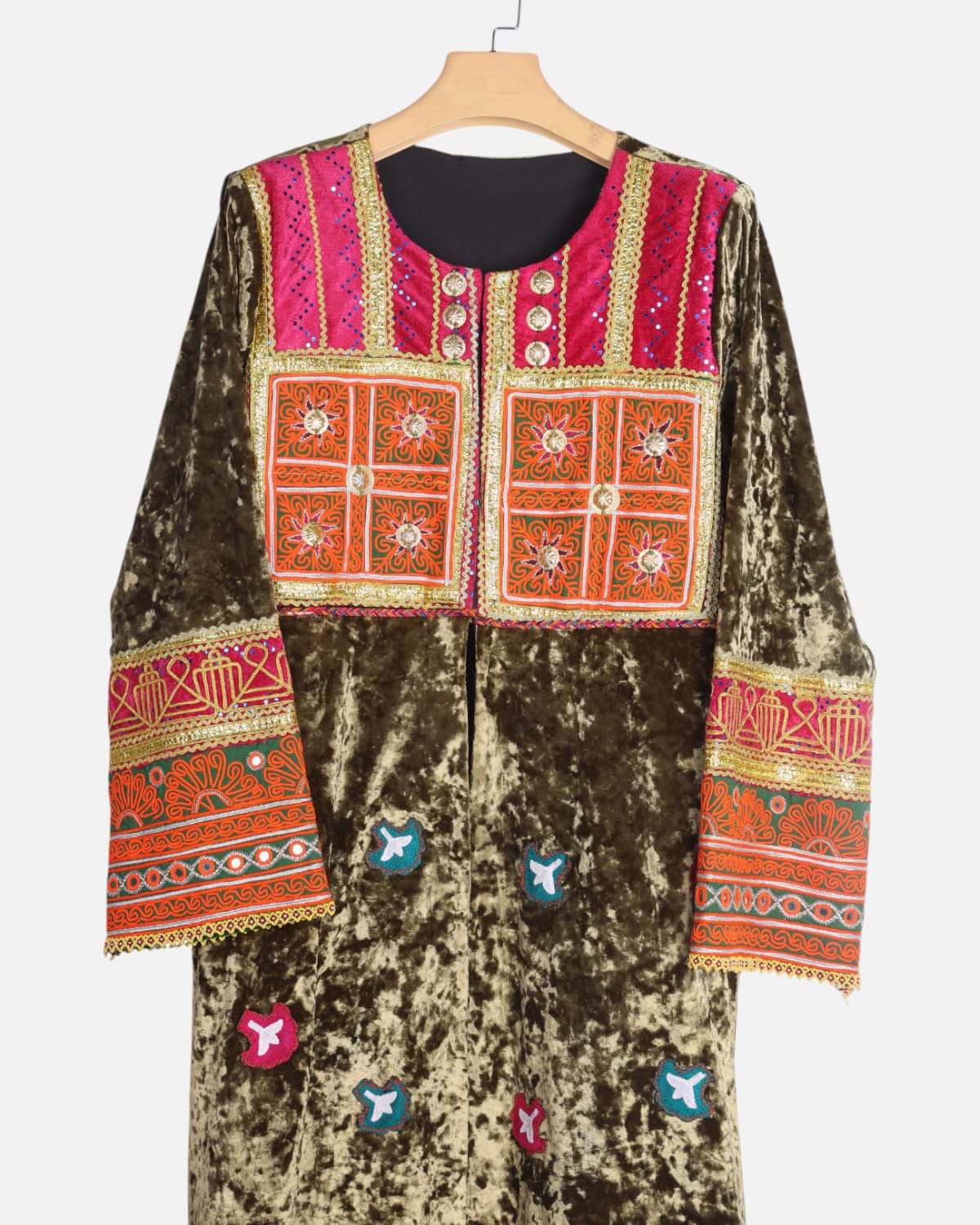Olive Green Afghan Velvet Dress with Embroidery