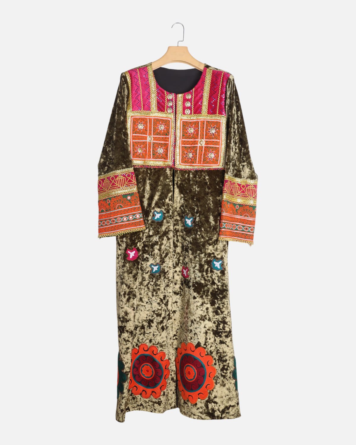 Olive Green Afghan Velvet Dress with Embroidery