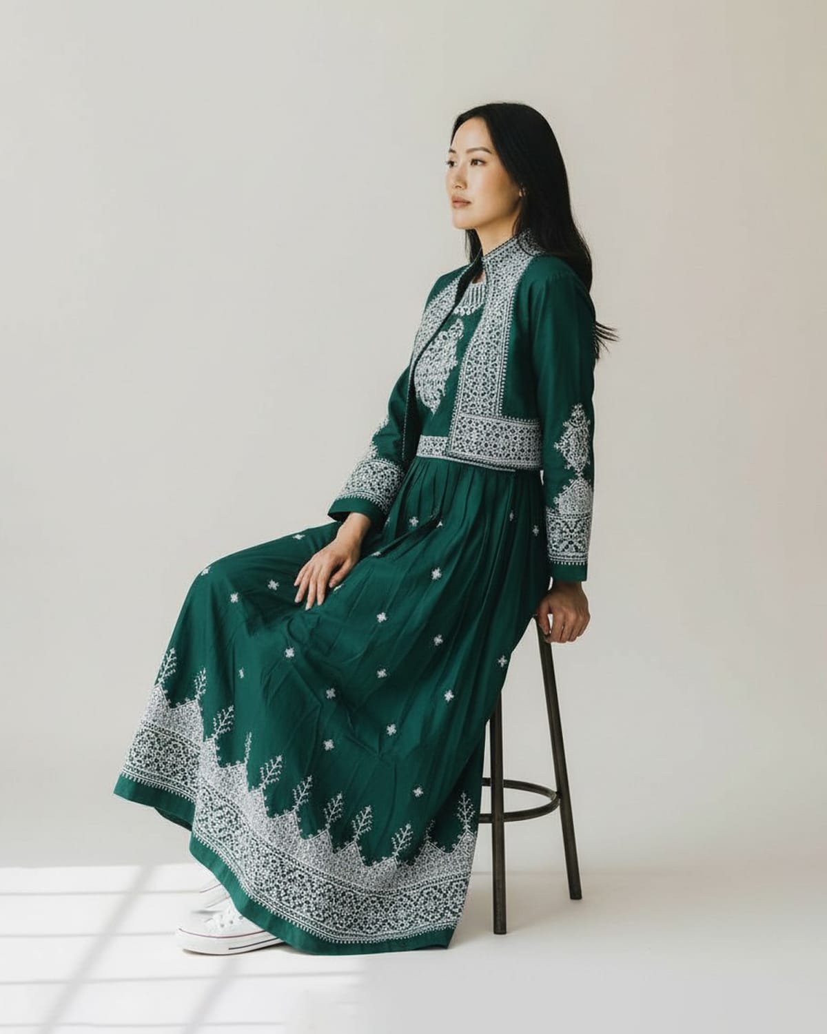 Green Embroidered Afghan Traditional Dress with Jacket