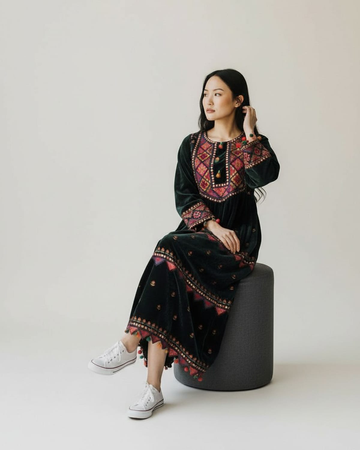 Afghan Velvet Dress with Colorful Embroidery