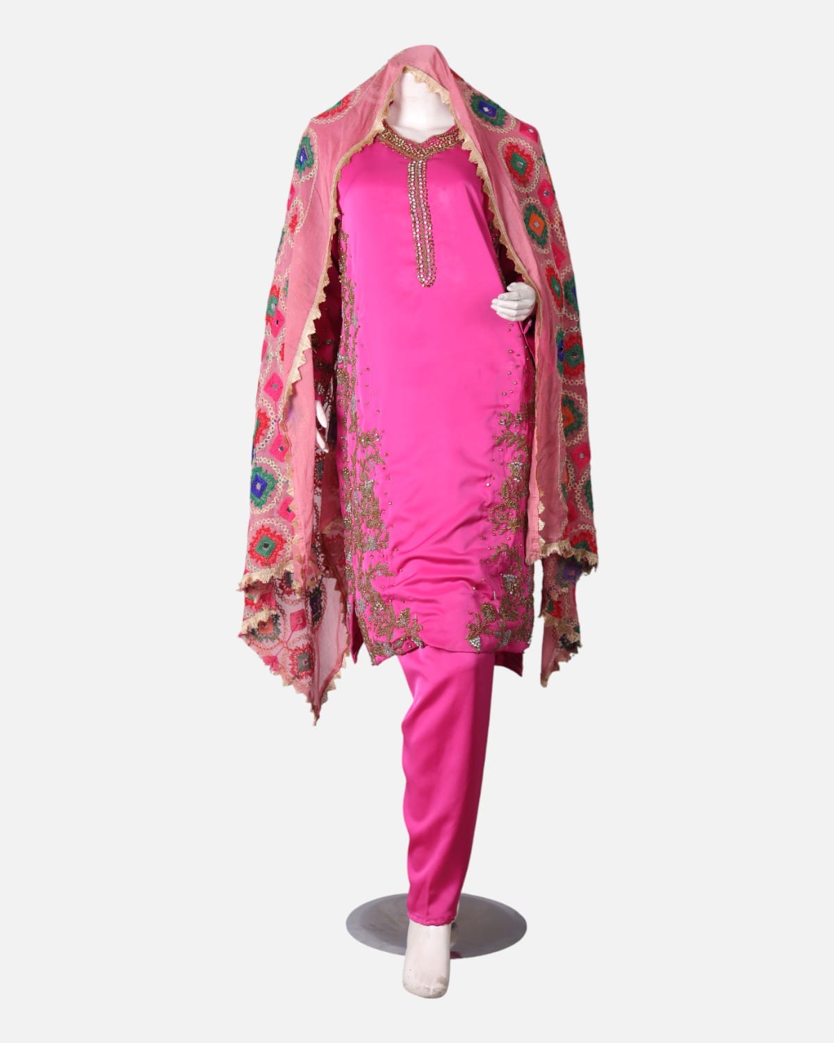 Punjabi with Trousers and Shawl in Pink Silk