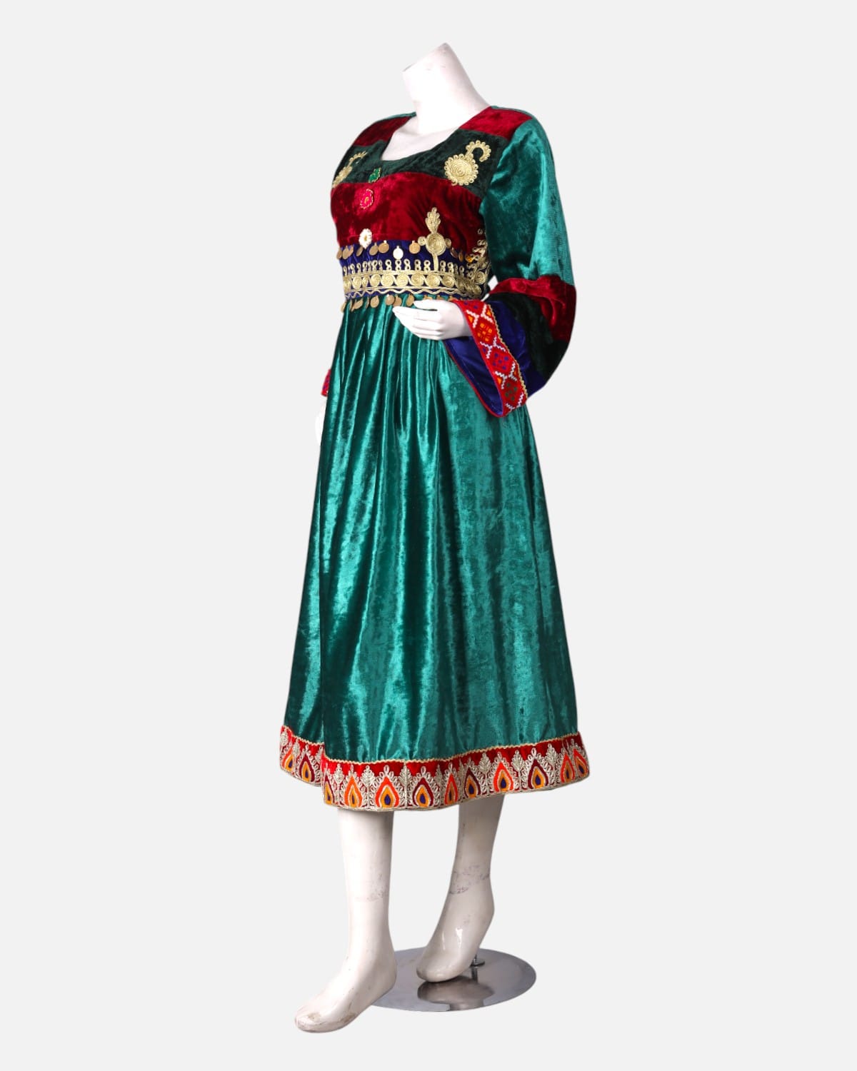 Afghan Velvet Dress with Handcrafted Embroidery in Green
