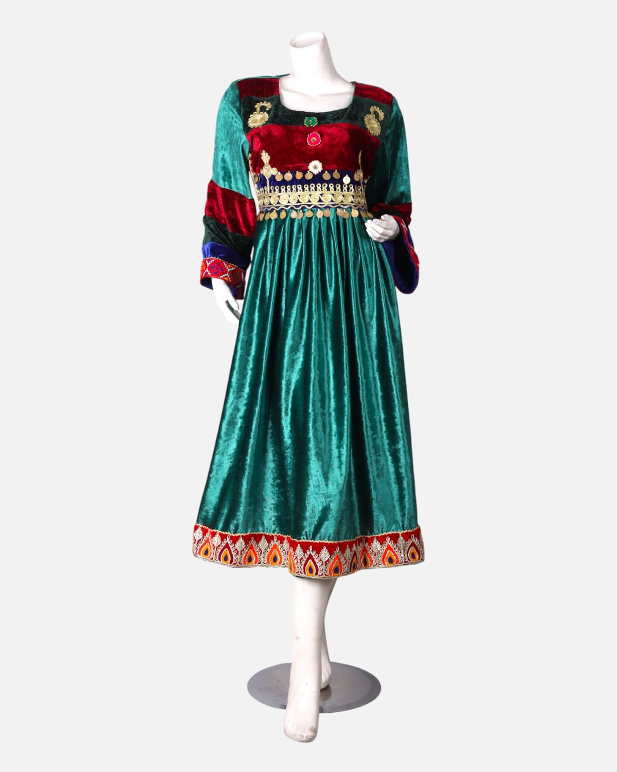 Afghan Velvet Dress with Handcrafted Embroidery in Green