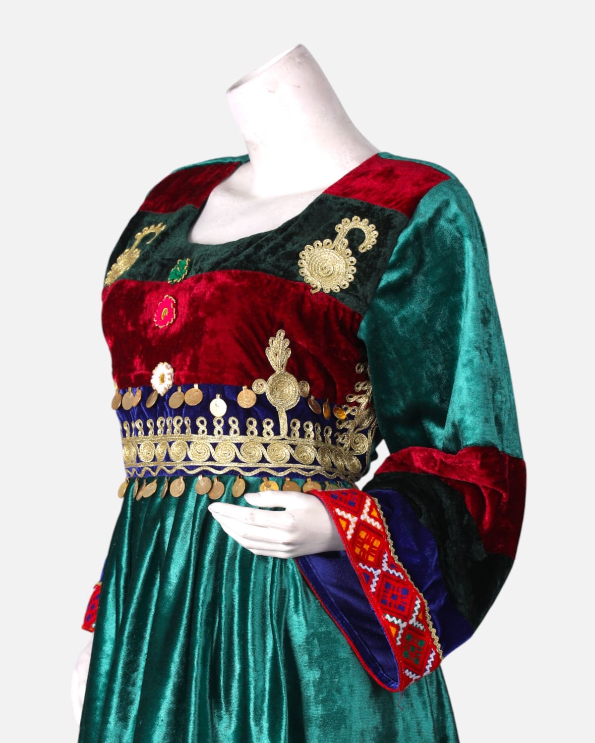 Afghan Velvet Dress with Handcrafted Embroidery in Green