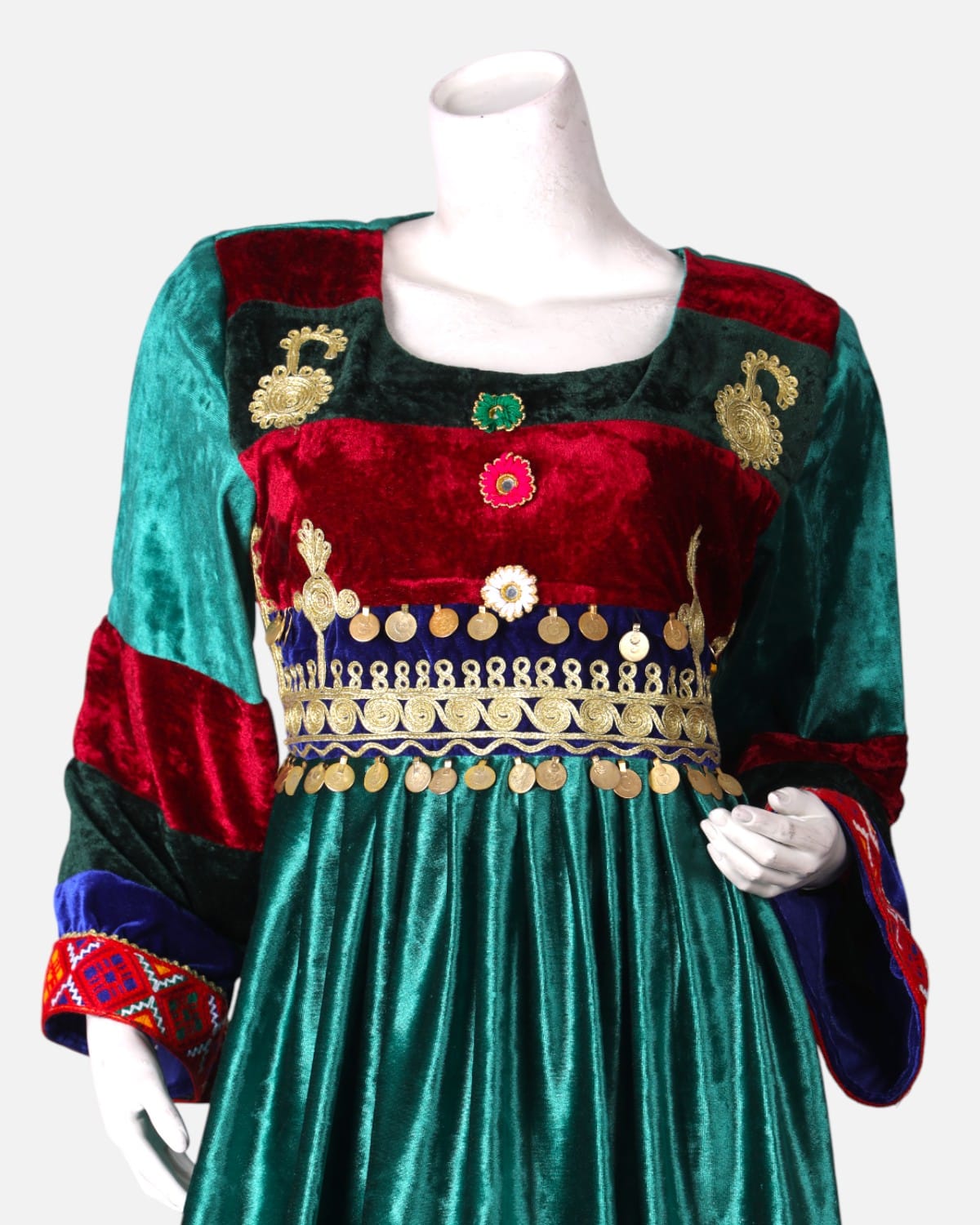 Afghan Velvet Dress with Handcrafted Embroidery in Green