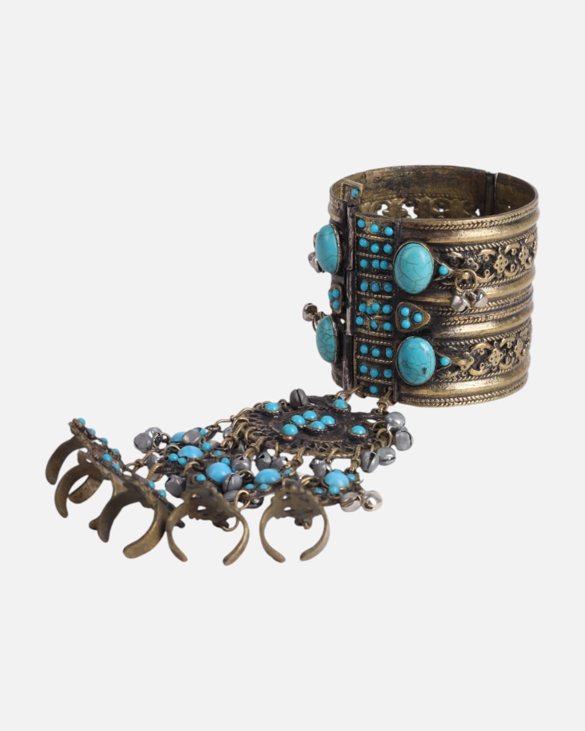 Turquoise Glass Stone Afghan Necklace with Gilt Metal