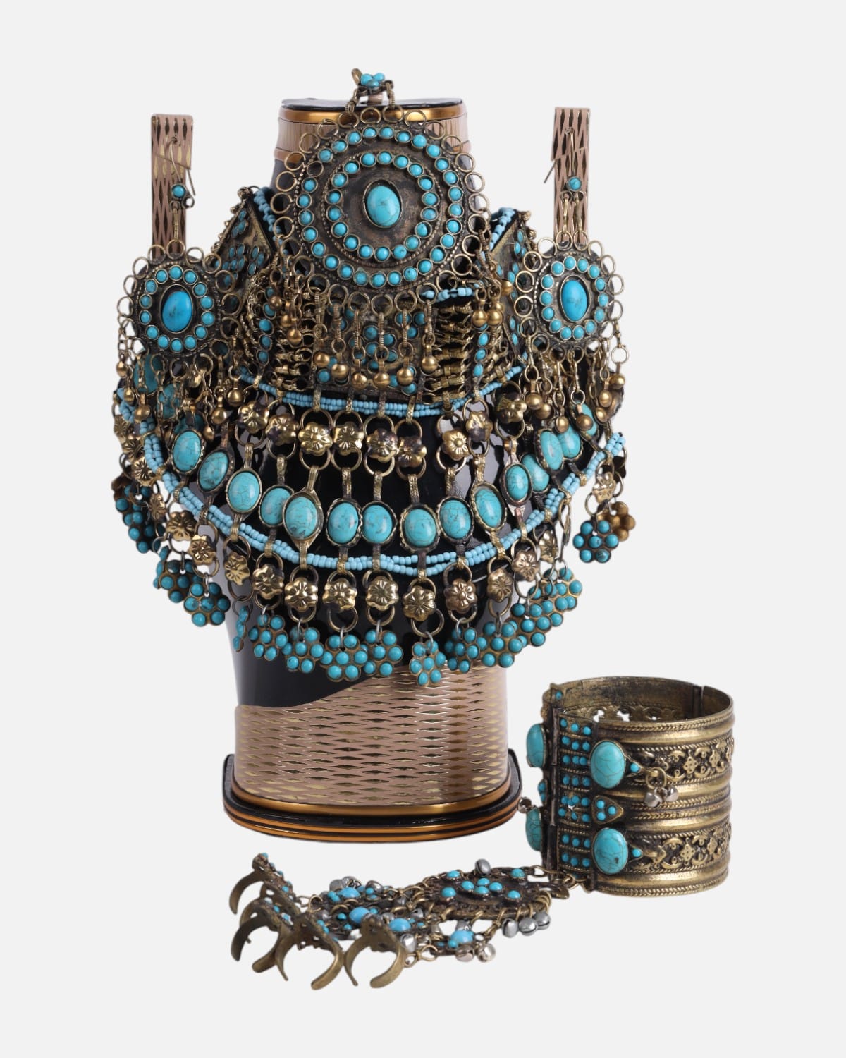 Turquoise Glass Stone Afghan Necklace with Gilt Metal