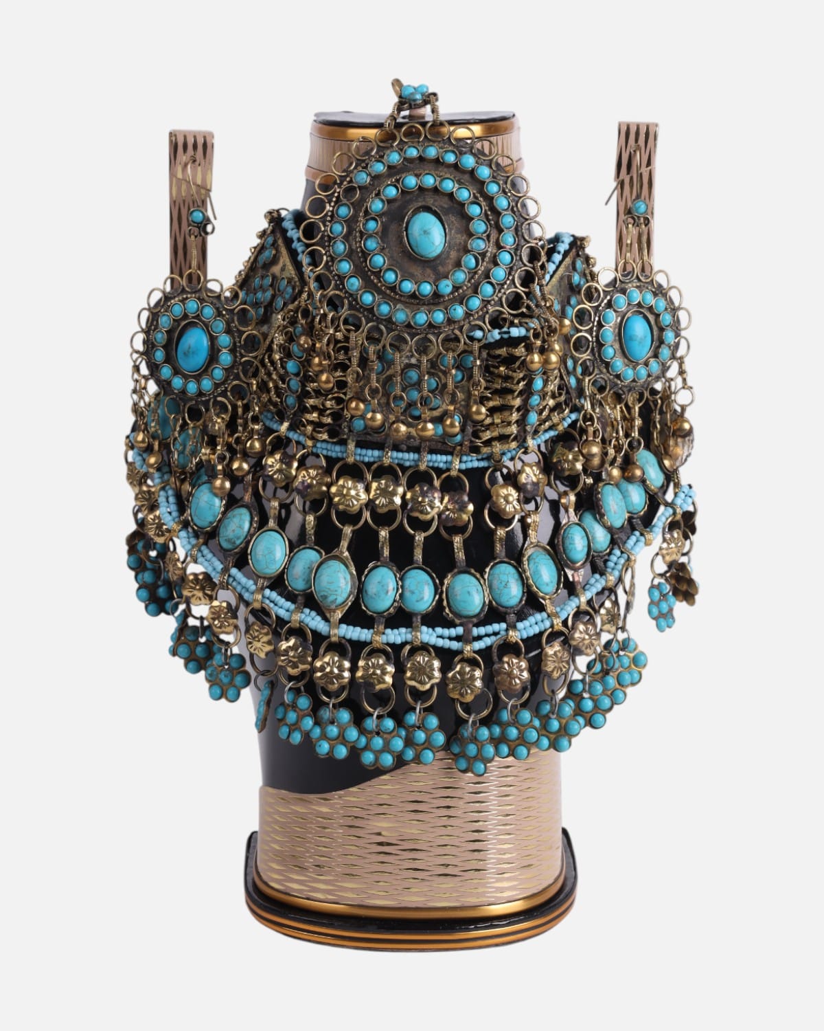 Turquoise Glass Stone Afghan Necklace with Gilt Metal