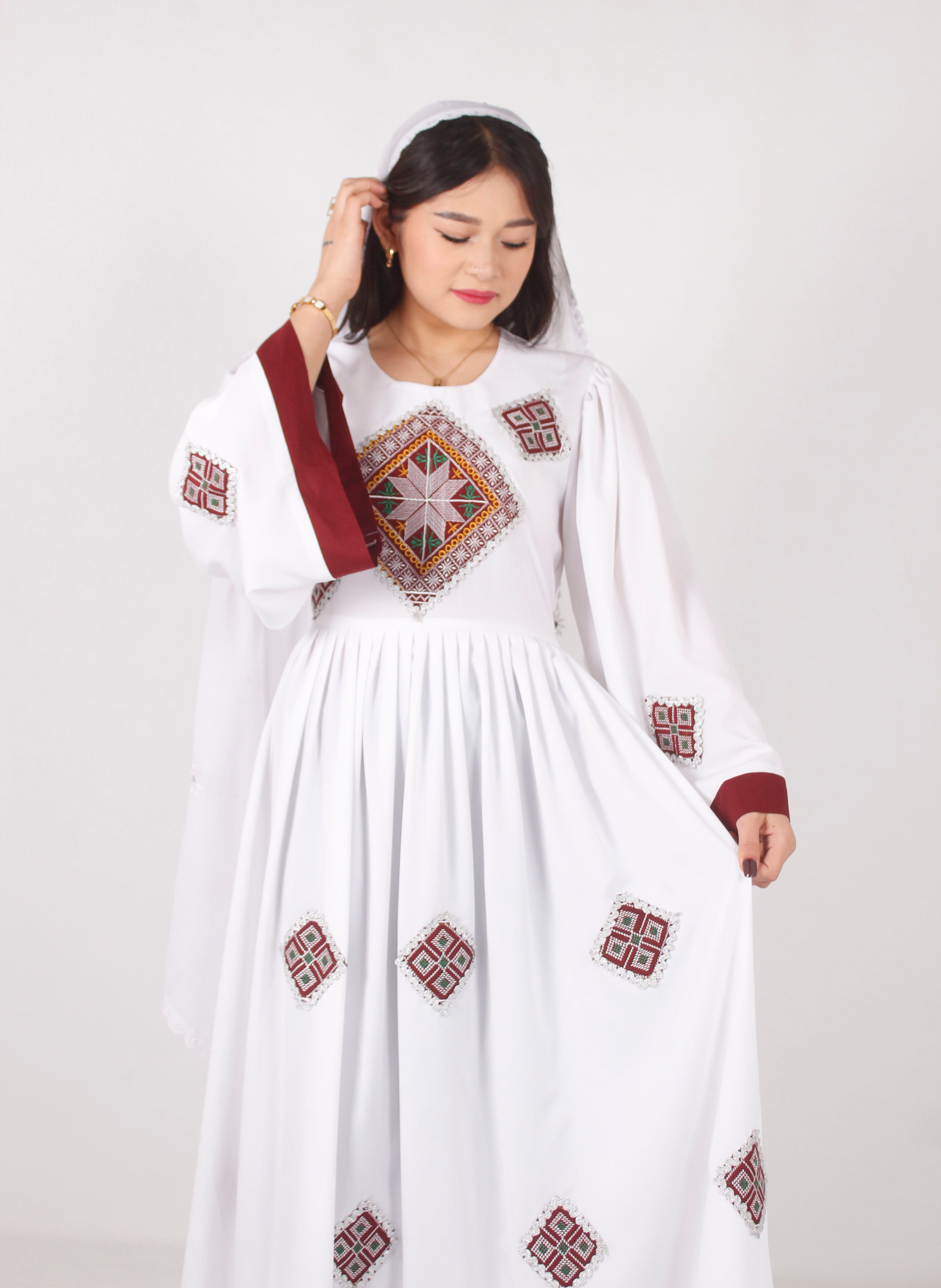 White Hazaragi Long Dress – Handcrafted Crepe Fabric