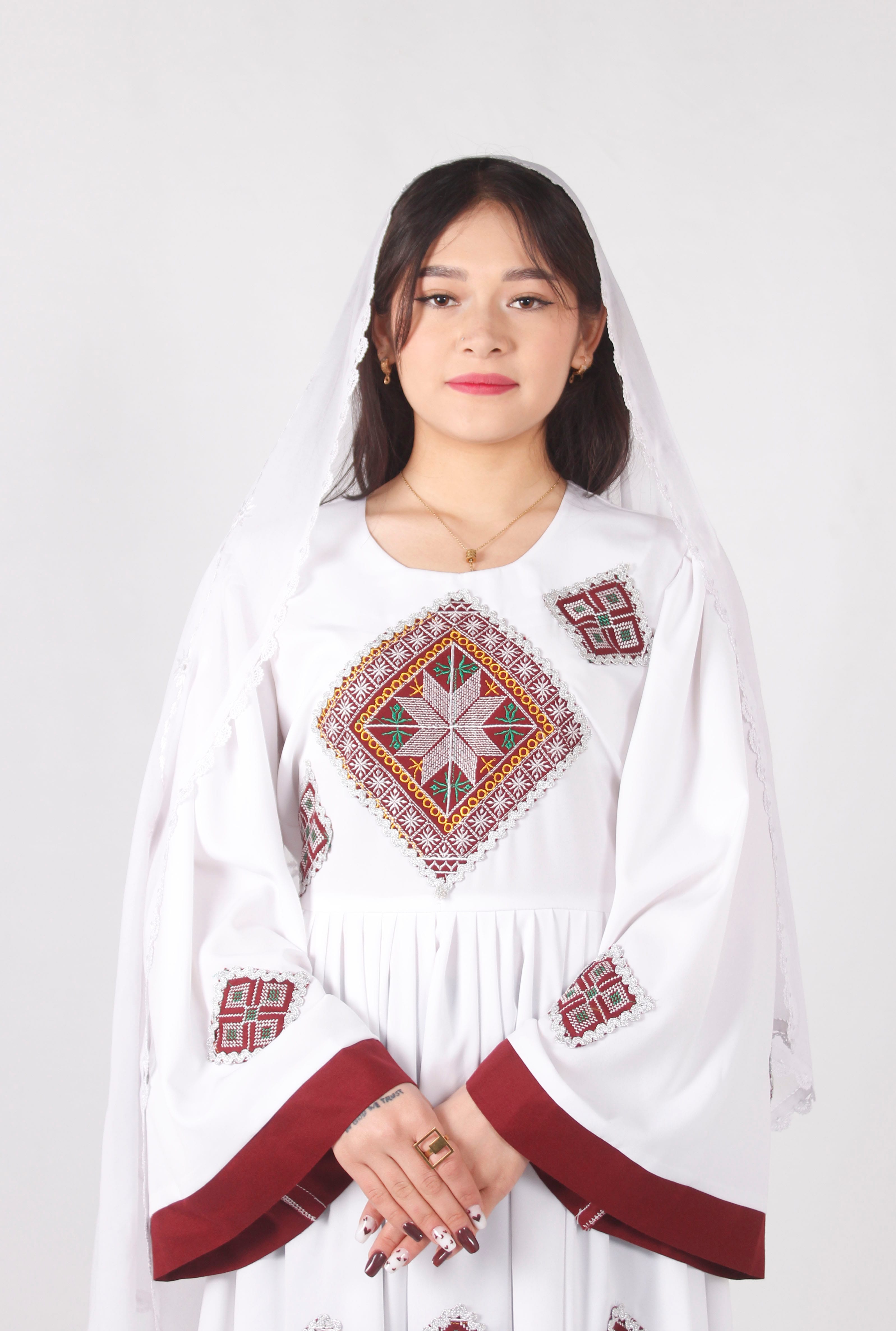 White Hazaragi Long Dress – Handcrafted Crepe Fabric
