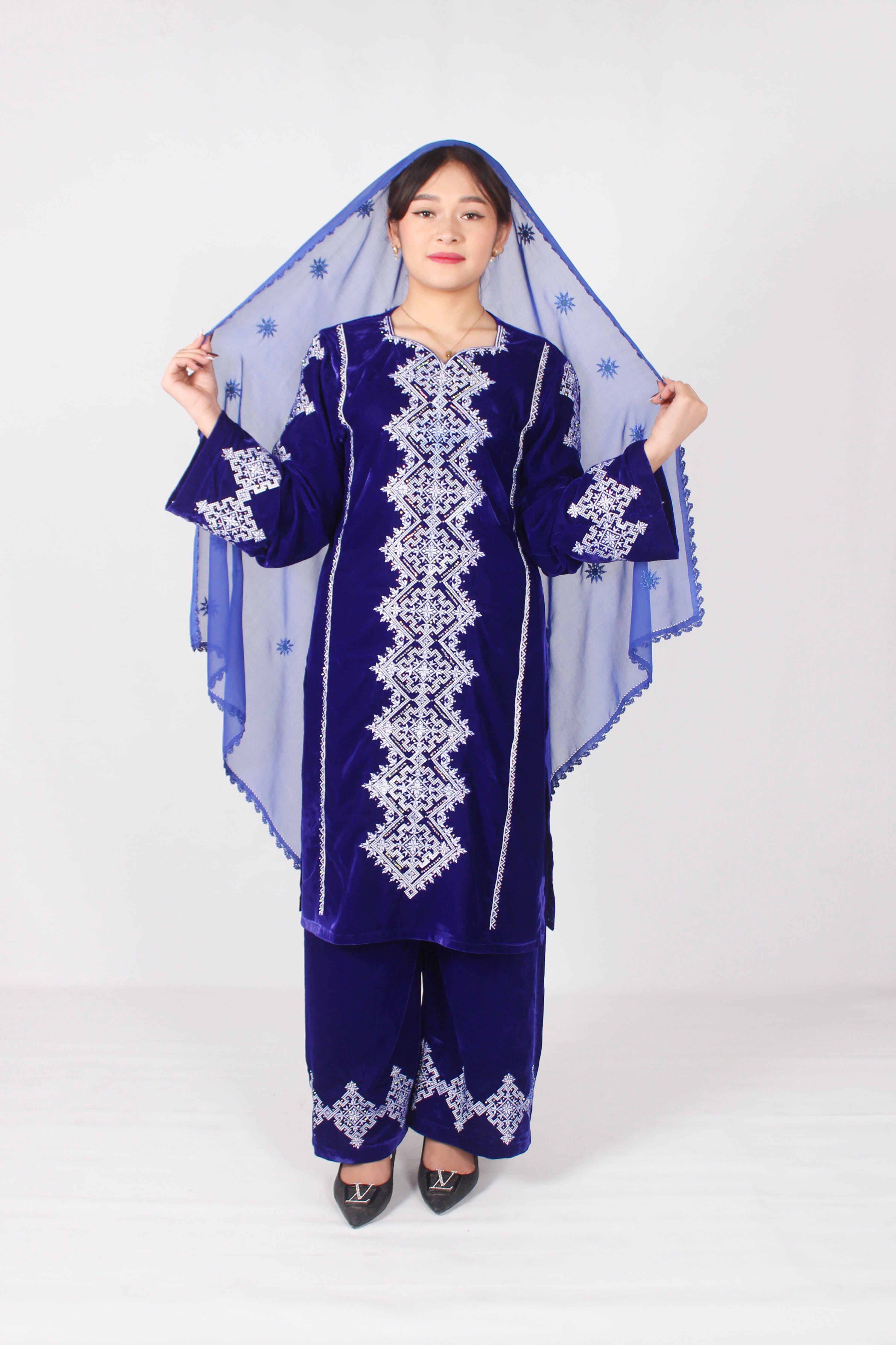 Velvet Hazaragi Embroidered Dress White Without Shawl