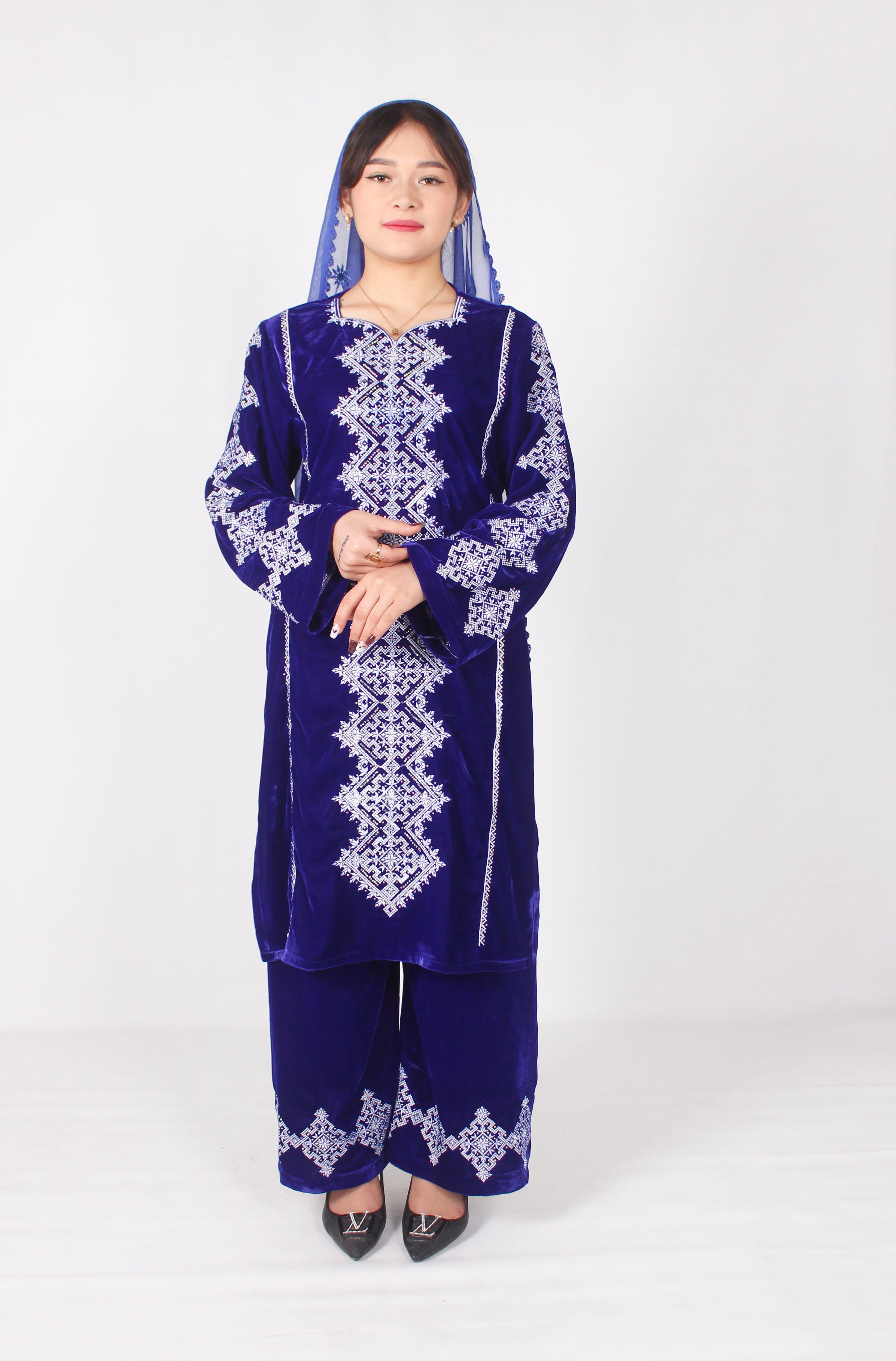 Velvet Hazaragi Embroidered Dress White Without Shawl